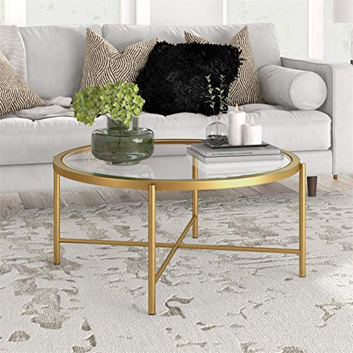 Duxbury 36 Inch Wide Round Coffee Table - Brass Finish Modern Living Room Furniture for Home Decor & Entertaining