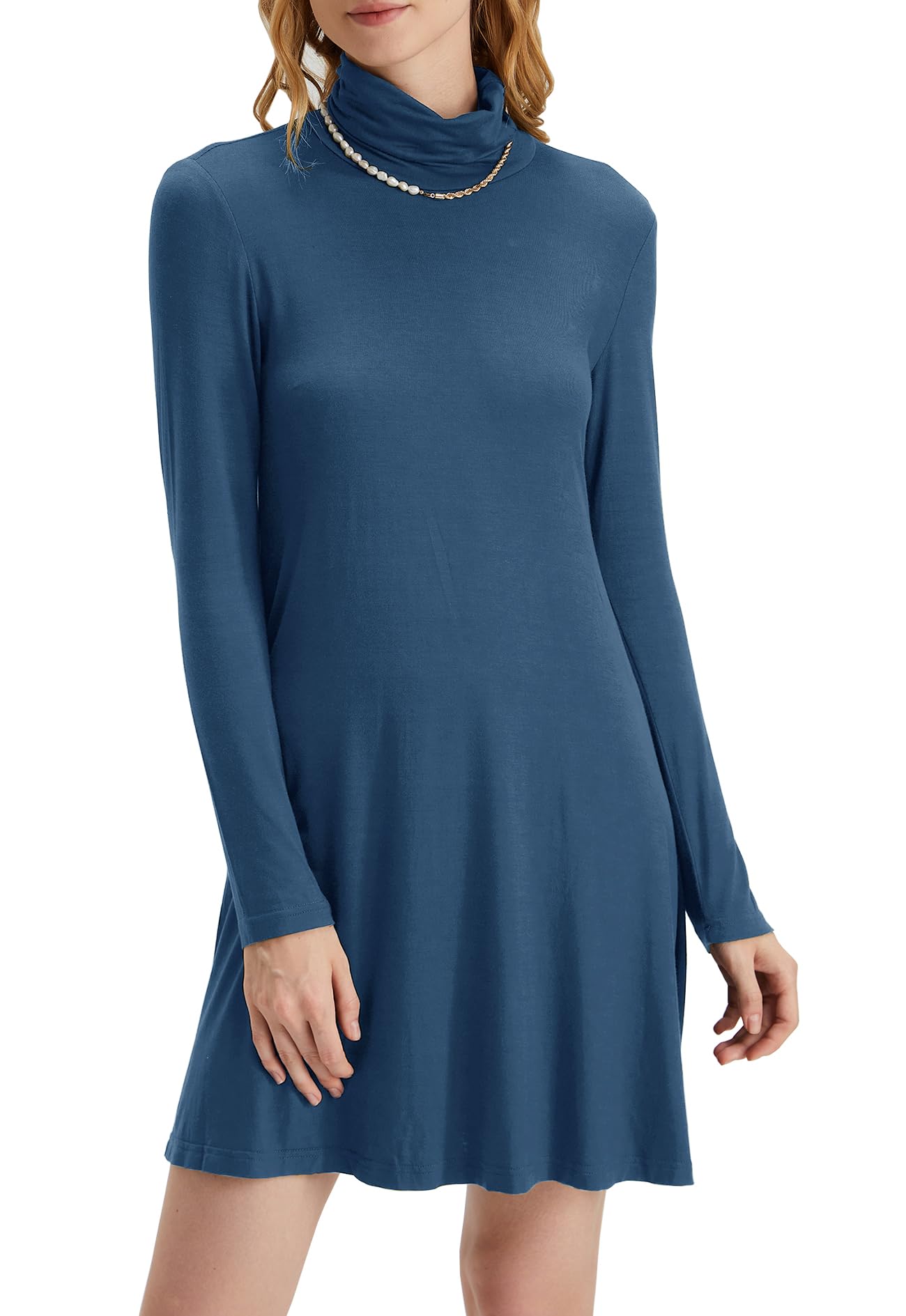 Women's Long Sleeve Turtleneck Casual Loose T-Shirt Dress - Comfortable Stretchy Knit Top for Everyday Wear, Work & Layering