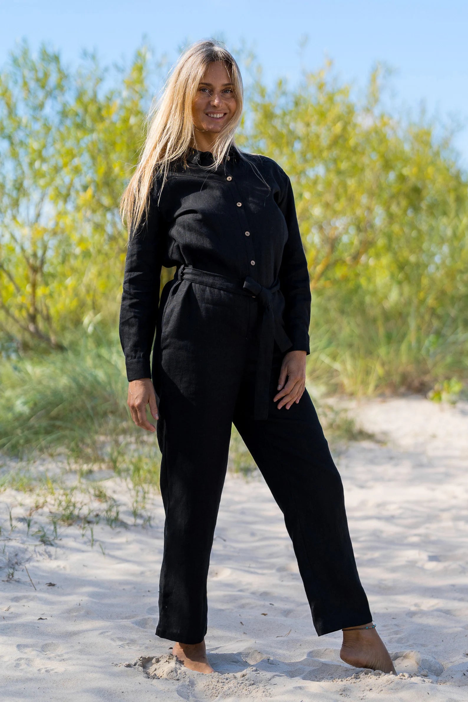 Linen Jumpsuit for Women - LUGANO Black Romper with Pockets | Casual Summer Outfit, Beach Cover-Up, and Travel Essential