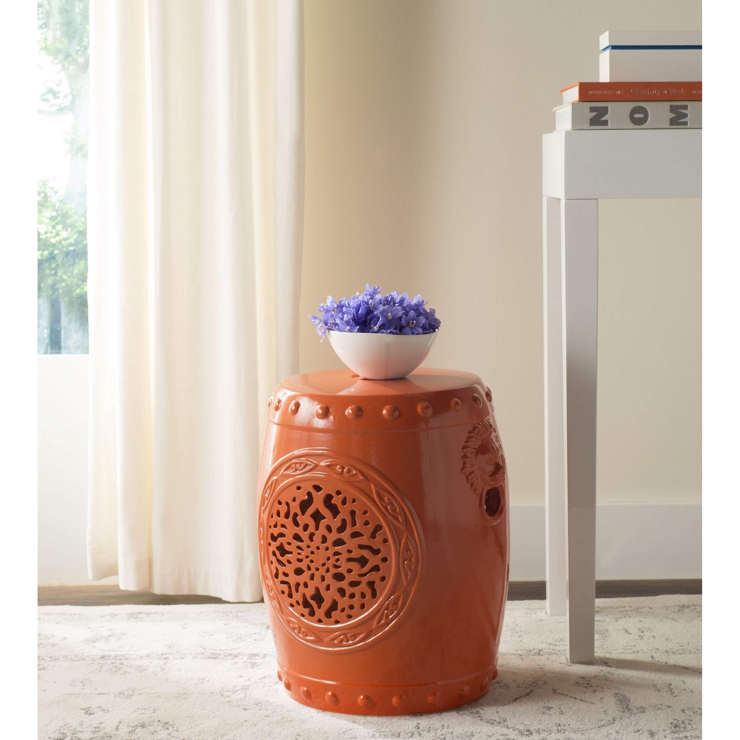 Handmade Ceramic Flower Drum Orange Garden Stool - Decorative Outdoor & Indoor Furniture for Patio, Balcony, or Living Room