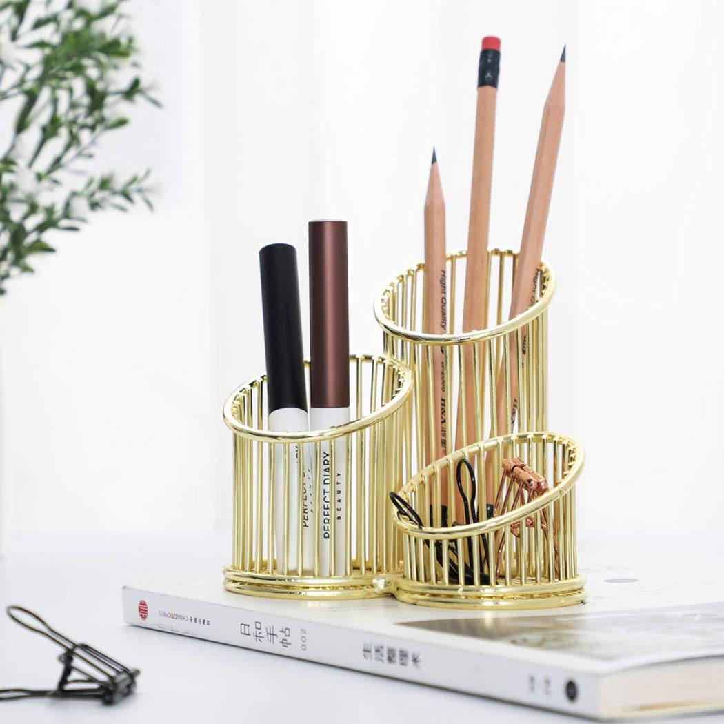 Golden Wrought Iron Pencil Holder - 3 Compartment Pen Organizer for Office, Classroom & Home | Perfect for Storing Pens, Pencils, Makeup Brushes & Art Supplies | Durable Desk Organizer for Work, Study & Beauty Routine