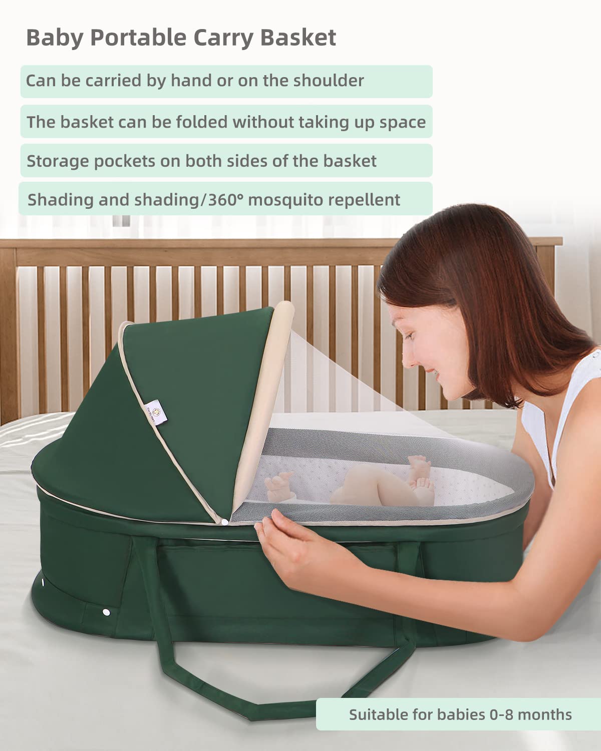Portable Baby Bassinet for Travel - 2-in-1 Canopy Mini Crib & Co-Sleeper Bed for Newborns & Infants | Lightweight, Foldable & Safe | Perfect for Home, Nursery, Camping & Airplane Travel (Green)
