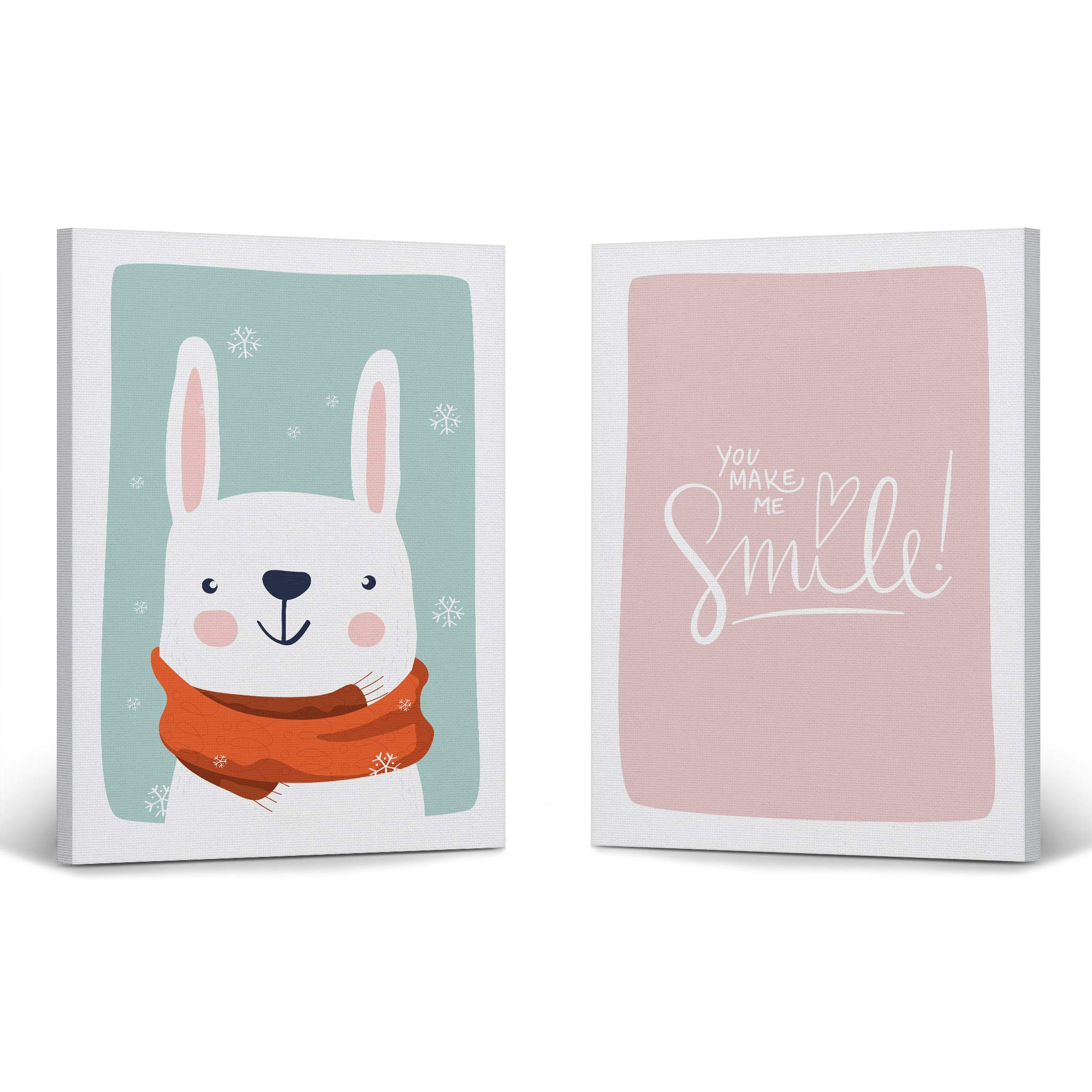 Cute Rabbit & Inspirational Quote Winter Theme Canvas Art Set - Turquoise & Pink Background - 2-Piece Wall Decor for Kids Room, Nursery, Baby Boy & Girl Bedroom - Ready to Hang - Made in USA (28x19 inches each) - Perfect for Children's Room Decor, Birthday Gifts & Nursery Wall Art
