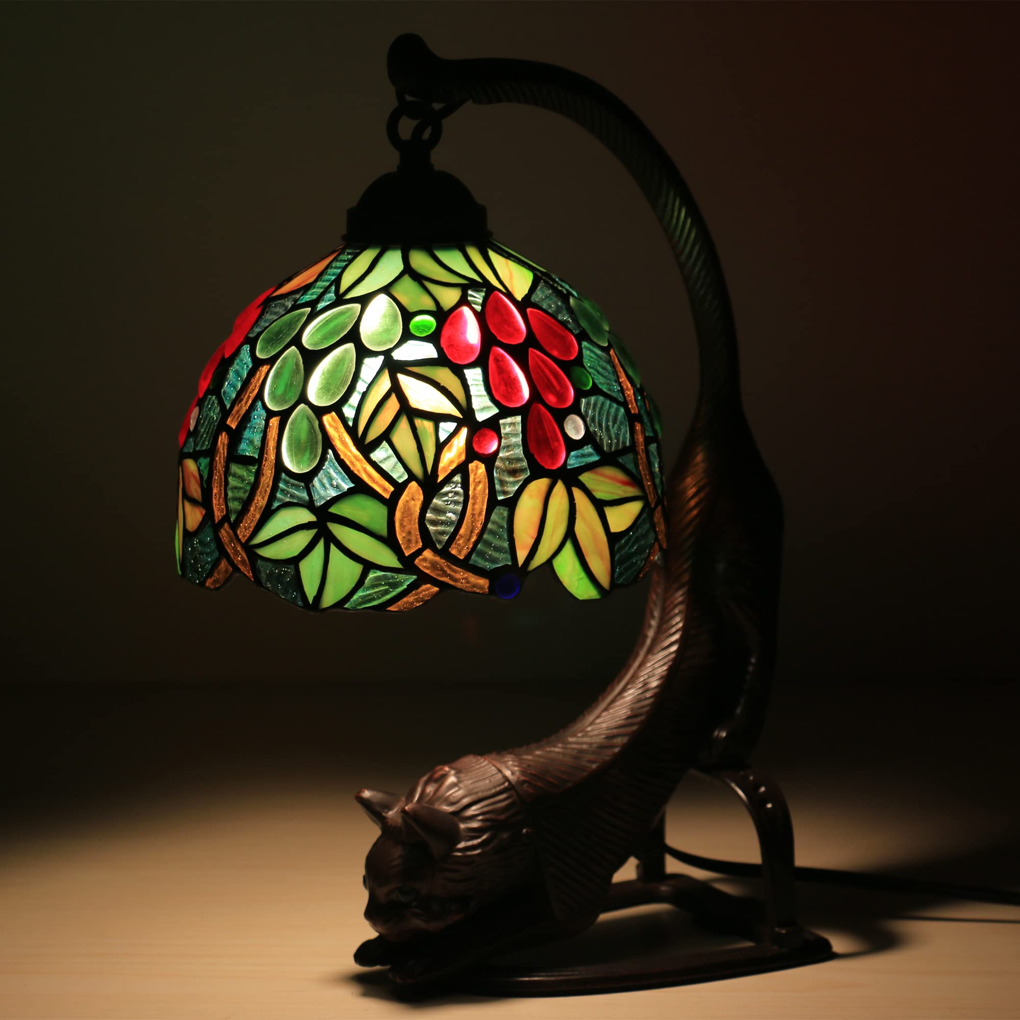 8 Inch Tiffany Style Table Lamp - Green Grapes Stained Glass Desk Lamp with Alloy Cat Base, E26 MAX40W for Living Room, Bedroom & Bedside Decor | Perfect for Home Office, Reading Nook & Cozy Ambiance