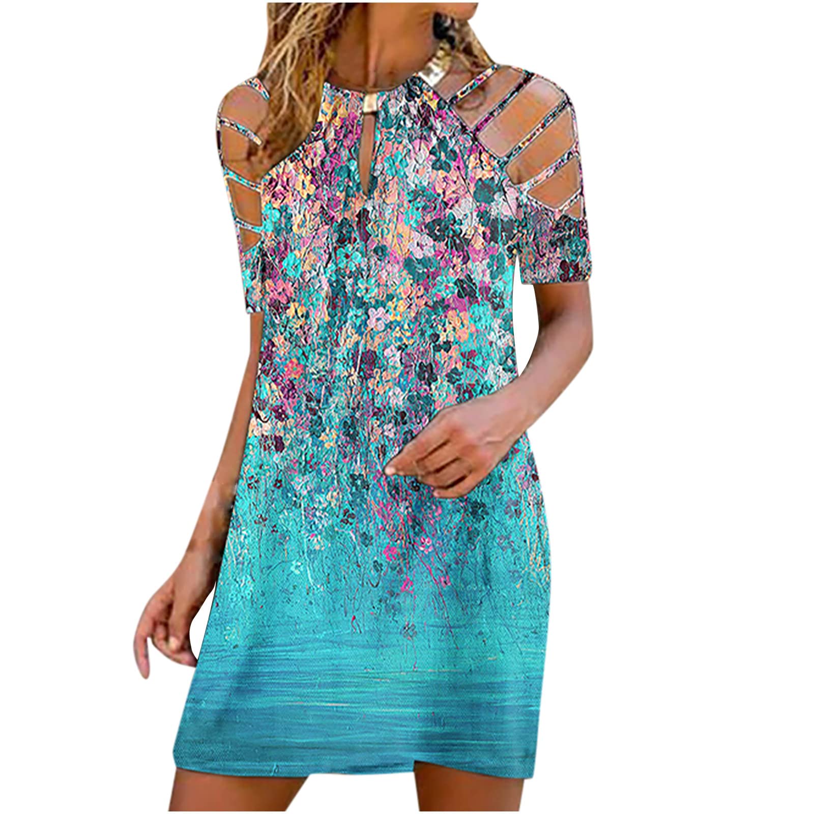 Women's Summer Casual Cold Shoulder Boho Floral Dress - Sleeveless Halter Loose Tunic Sun Dress for Beach, Party & Vacation | Lightweight Comfortable Outfit