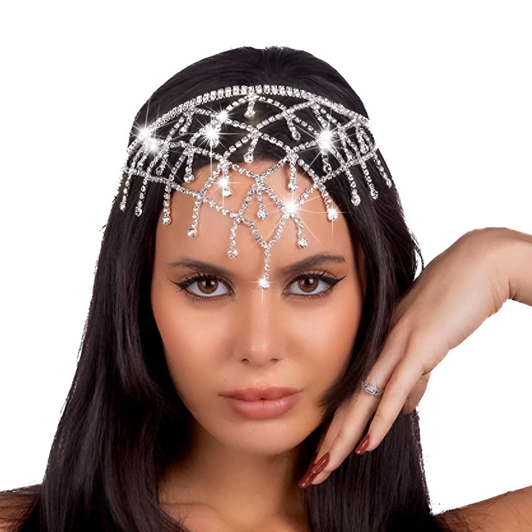 1920s Vintage Silver Rhinestone Masquerade Head Chain Jewelry | Retro Bride Headband for Women | Perfect for Gatsby Parties, Weddings & Costume Events