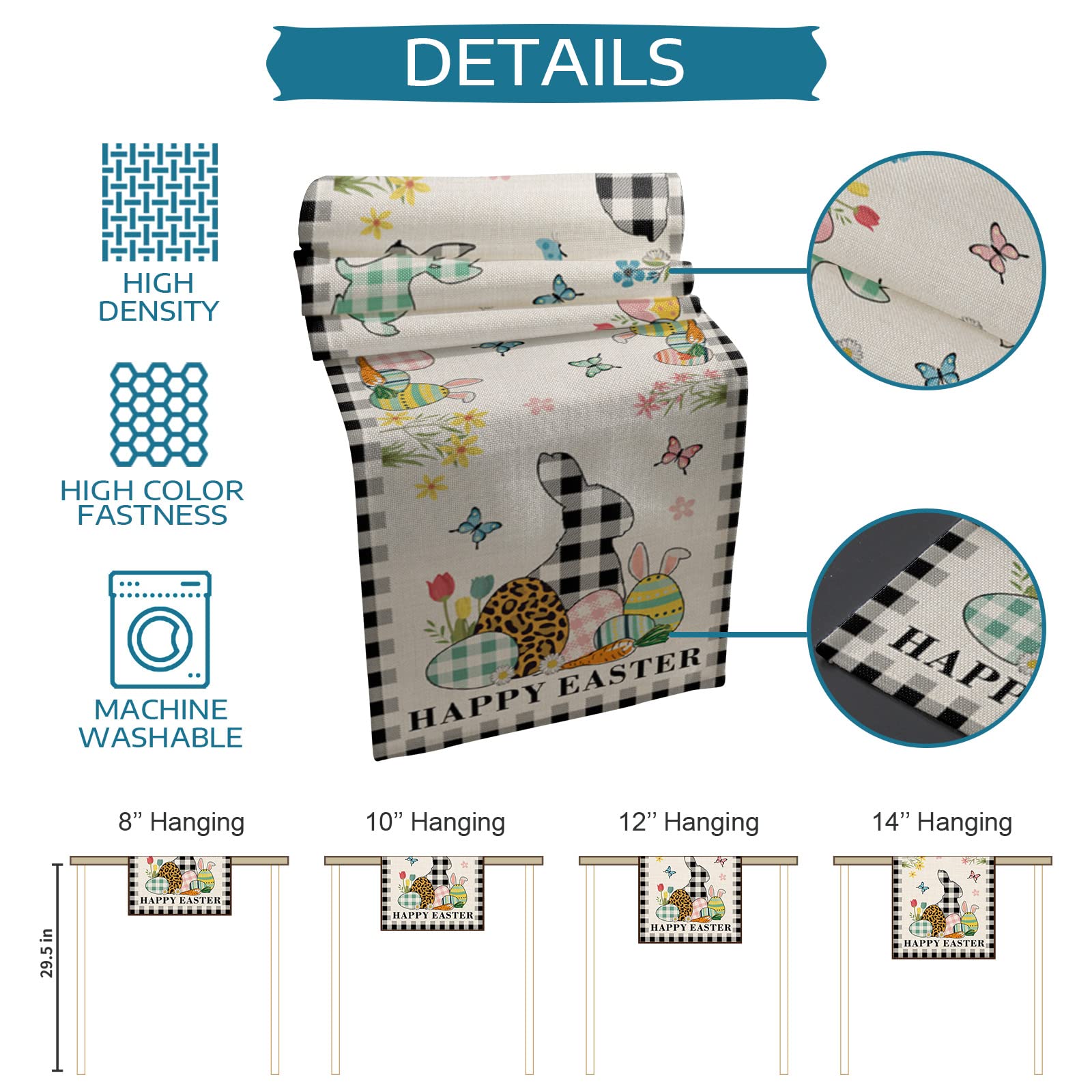 90 Inch Easter Table Runner - Black and White Buffalo Plaid with Eggs & Rabbits Design - 13x90in Kitchen Dining Table Decor for Holiday Parties, Home Decor, Coffee Table & Buffet Settings