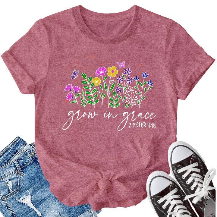 LBP Women's Christian Wildflowers T-Shirt - Grow in Grace Bible Verse Faith-Based Tee - Perfect for Church, Bible Study & Christian Events