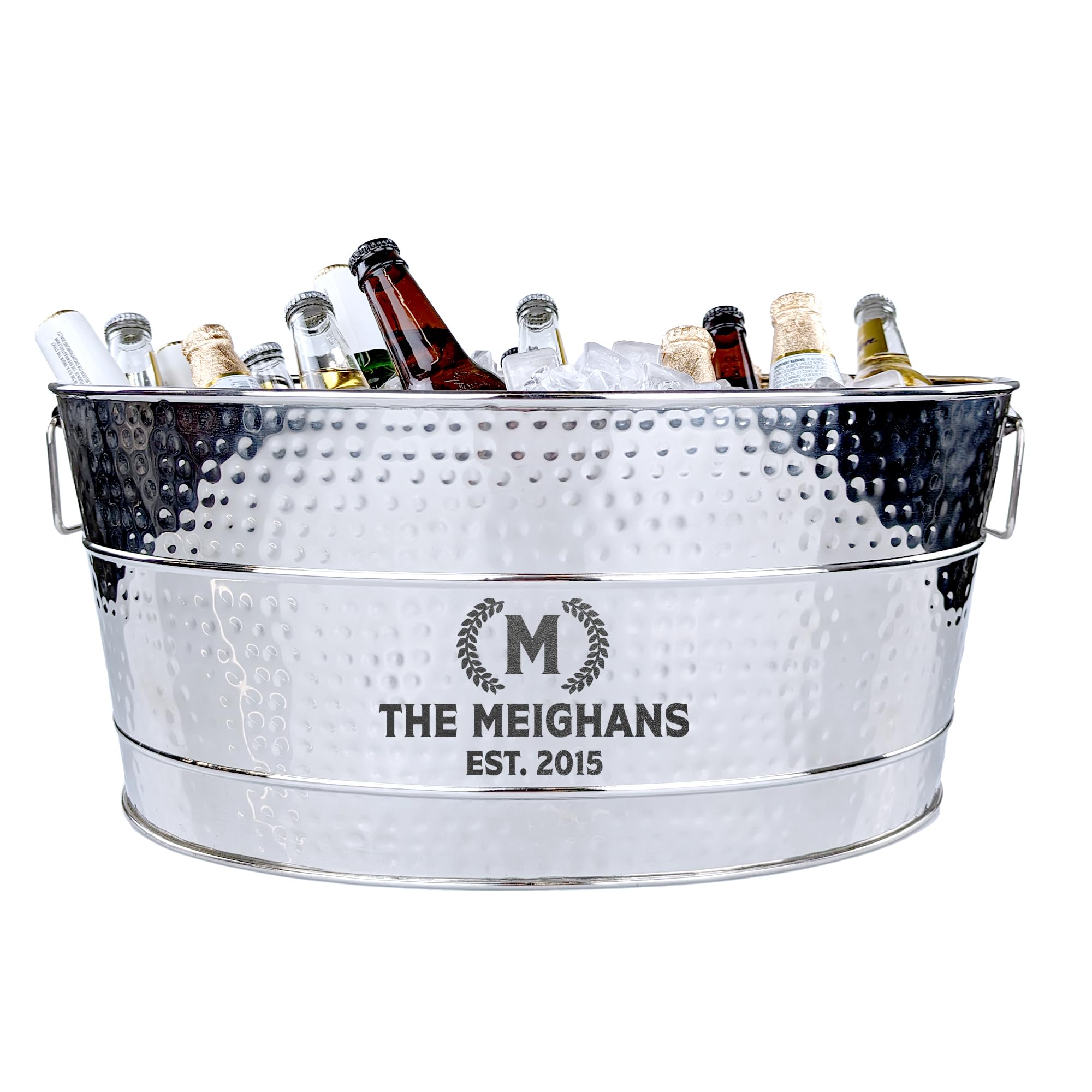 BREKX Personalized Aspen Hammered Stainless-Steel Beverage Tub - 25-Quart Leak & Rust Proof Drink Cooler with Metal Stand - Perfect for Parties, Weddings, and Outdoor Events