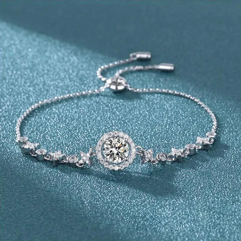 1 Carat Genuine Moissanite Bracelet with Star & Moon Charms - 925 Sterling Silver Bangle for Women - Passes Diamond Tester - Perfect for Weddings, Anniversaries & Special Occasions