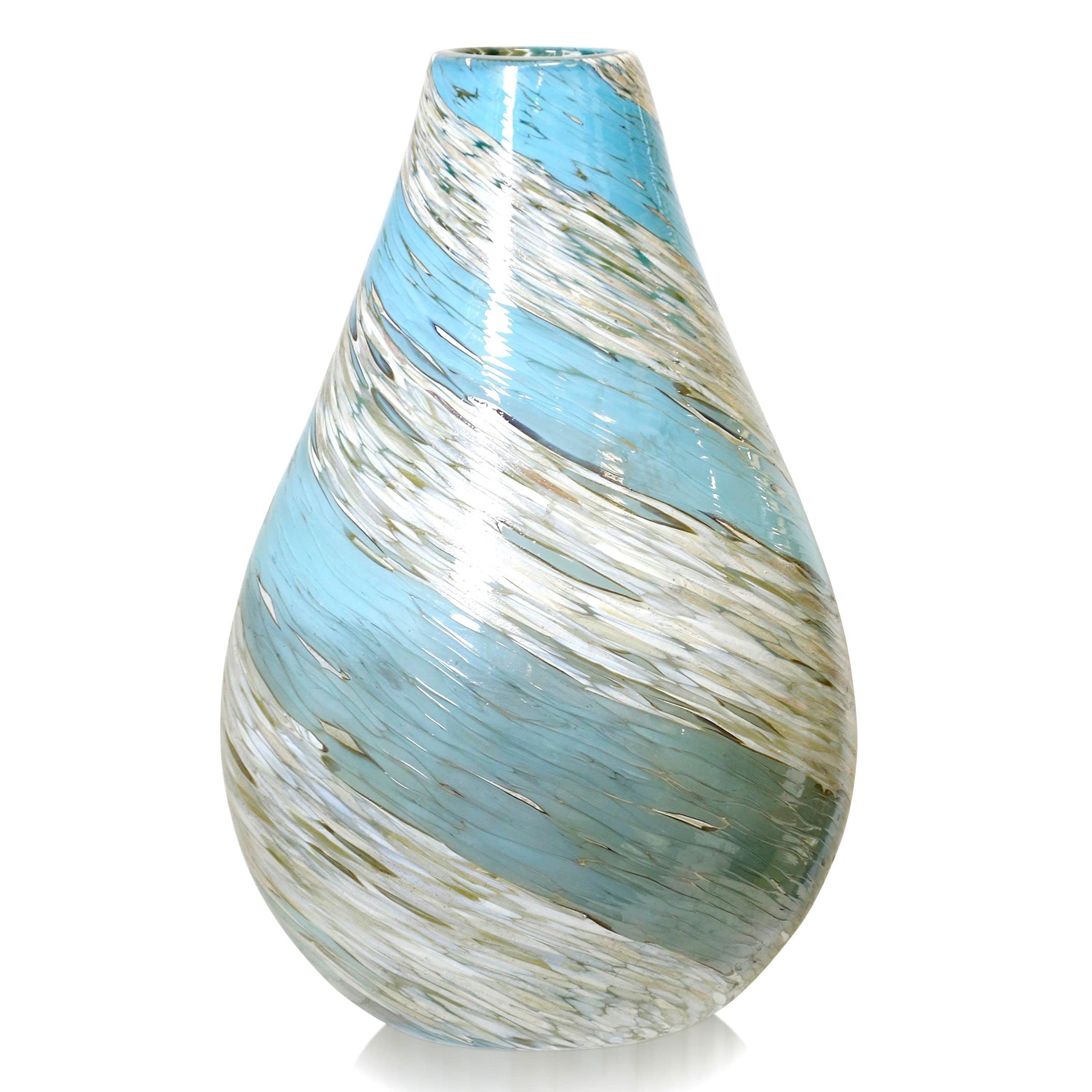 Hand Blown Twisted Water and Ice Glass Vase - Modern Blue Contemporary Decorative Vase for Home Decor, Wedding Centerpieces & Luxury Gift Giving