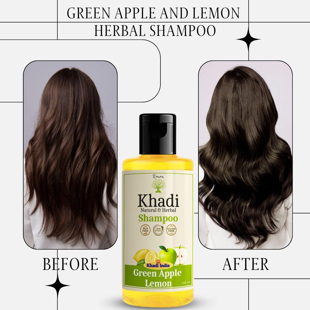 KHADI Green Apple & Lemon Shampoo with Vitamins A, B & C - Natural Anti-Dandruff Treatment | SLS & Paraben Free (210ml) | For Dry, Itchy Scalp & Healthy Hair Growth | Perfect for Daily Use & Sensitive Scalp Care