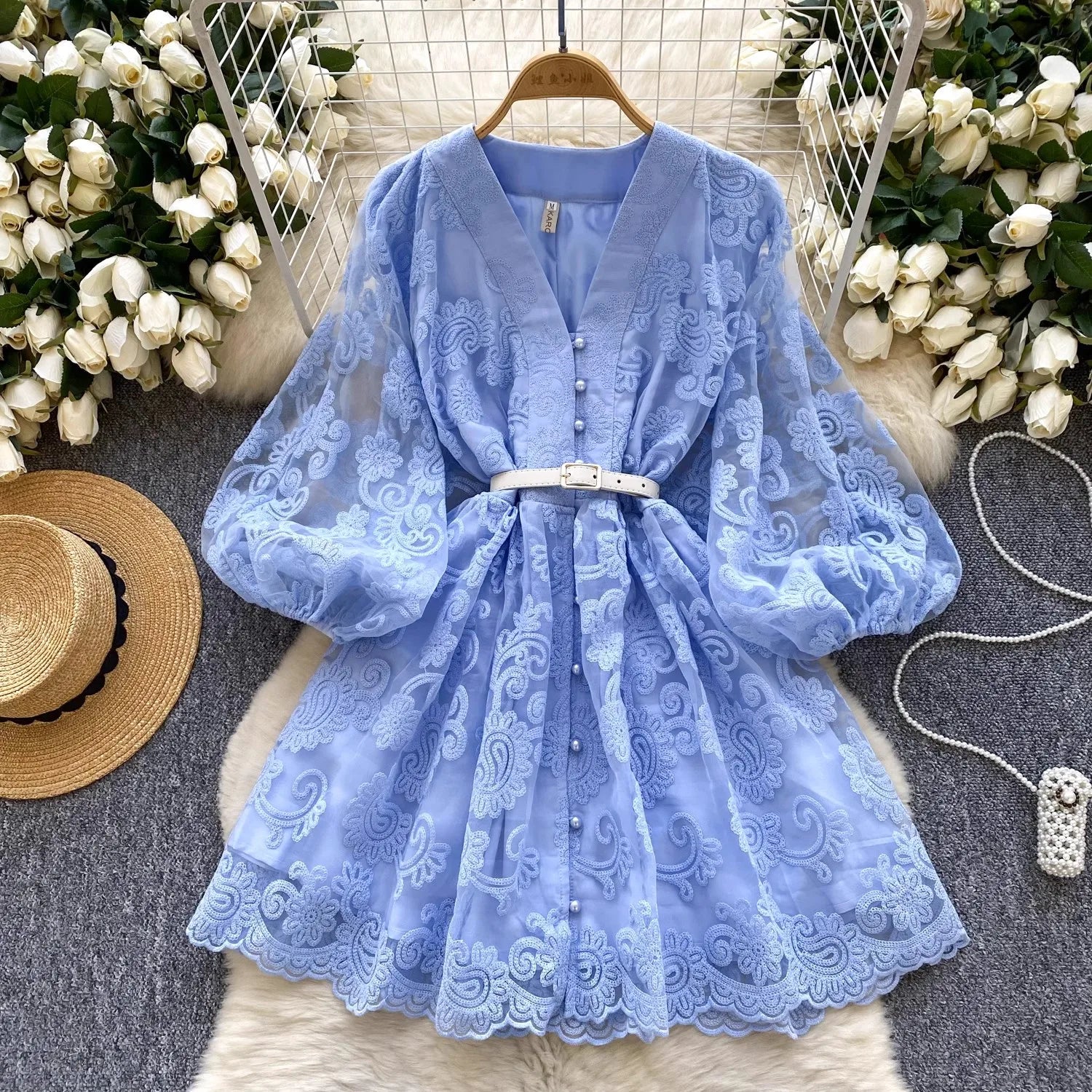French Sweet V-Neck Lantern Sleeve Mini Dress - Women's Summer Floral Embroidery Mesh Patchwork Belt Dress for Beach, Party & Casual Wear | A-Line Flowy Party Robe