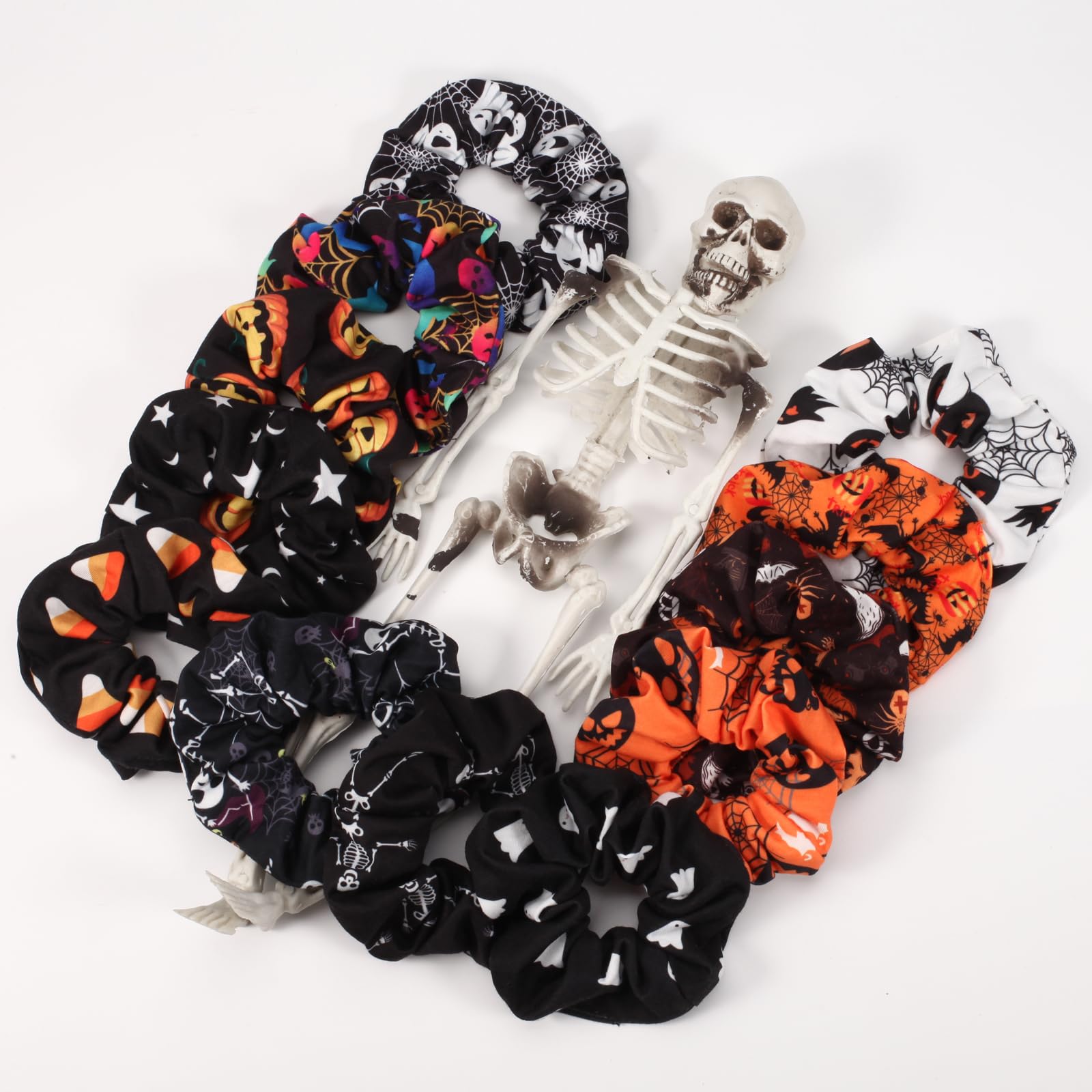 Spooky Halloween Hair Scrunchies Set - 12 PCS Pumpkin, Skull, Ghost, Bat, Star & Moon Hair Ties for Women & Girls | Cute Fall Hair Accessories for Costume Parties, Trick or Treat, Halloween Gifts & Daily Use