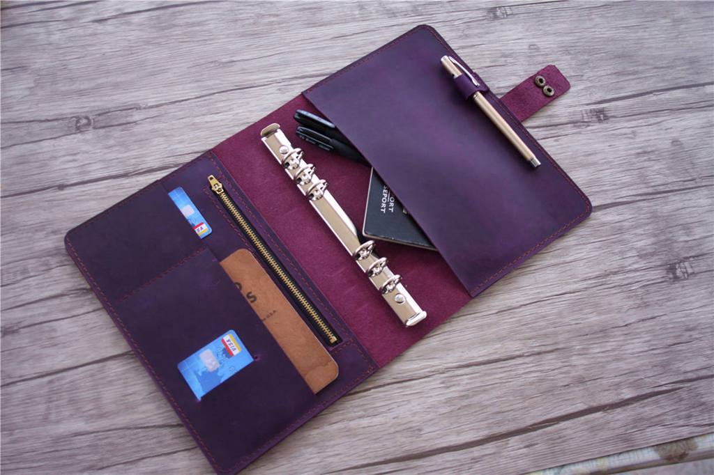 Personalized Refillable Purple Leather 6-Ring Binder Notebook - Customizable Planner for School, Office & Business Organization
