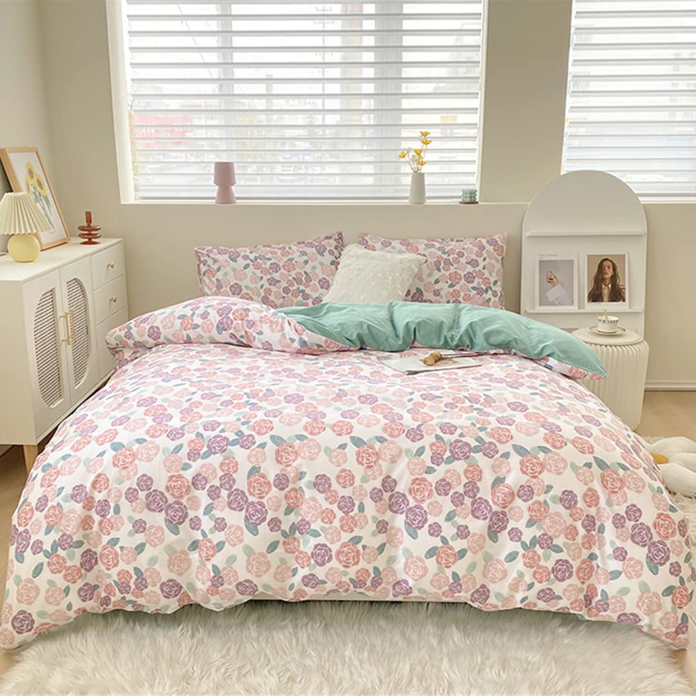 EAVD Purple Pink Floral Duvet Cover Twin Size - 100% Cotton Soft Botanical Bedding Set for Girls with Zipper Closure & 4 Ties | Chic Garden Floral Comforter Cover for Kids Room, Teen Bedroom & Guest Room Decor