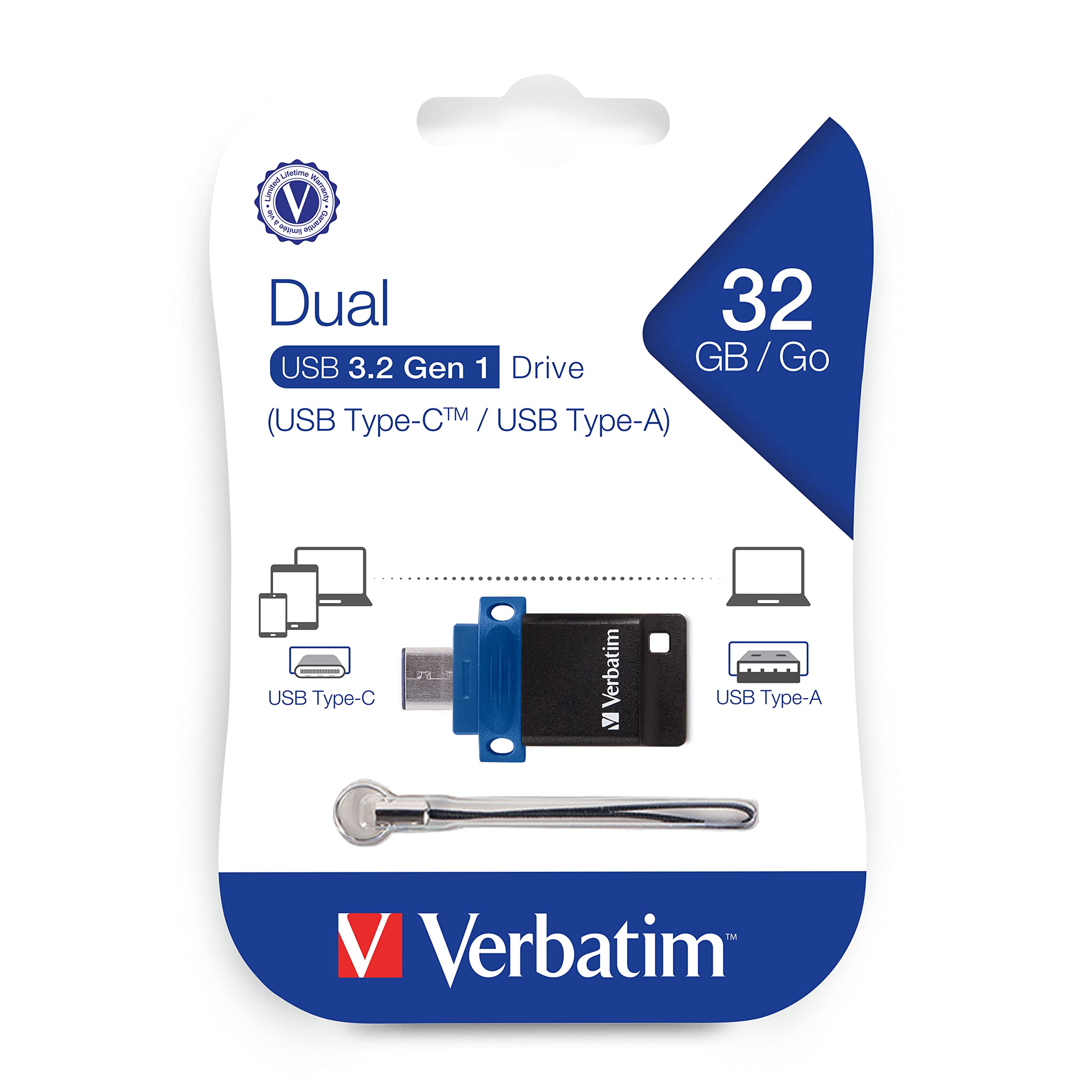 Verbatim VER99154 32GB Store 'n' Go Dual USB Flash Drive - USB-C & USB-A Compatible - Blue - Perfect for Phones, Laptops & File Transfers