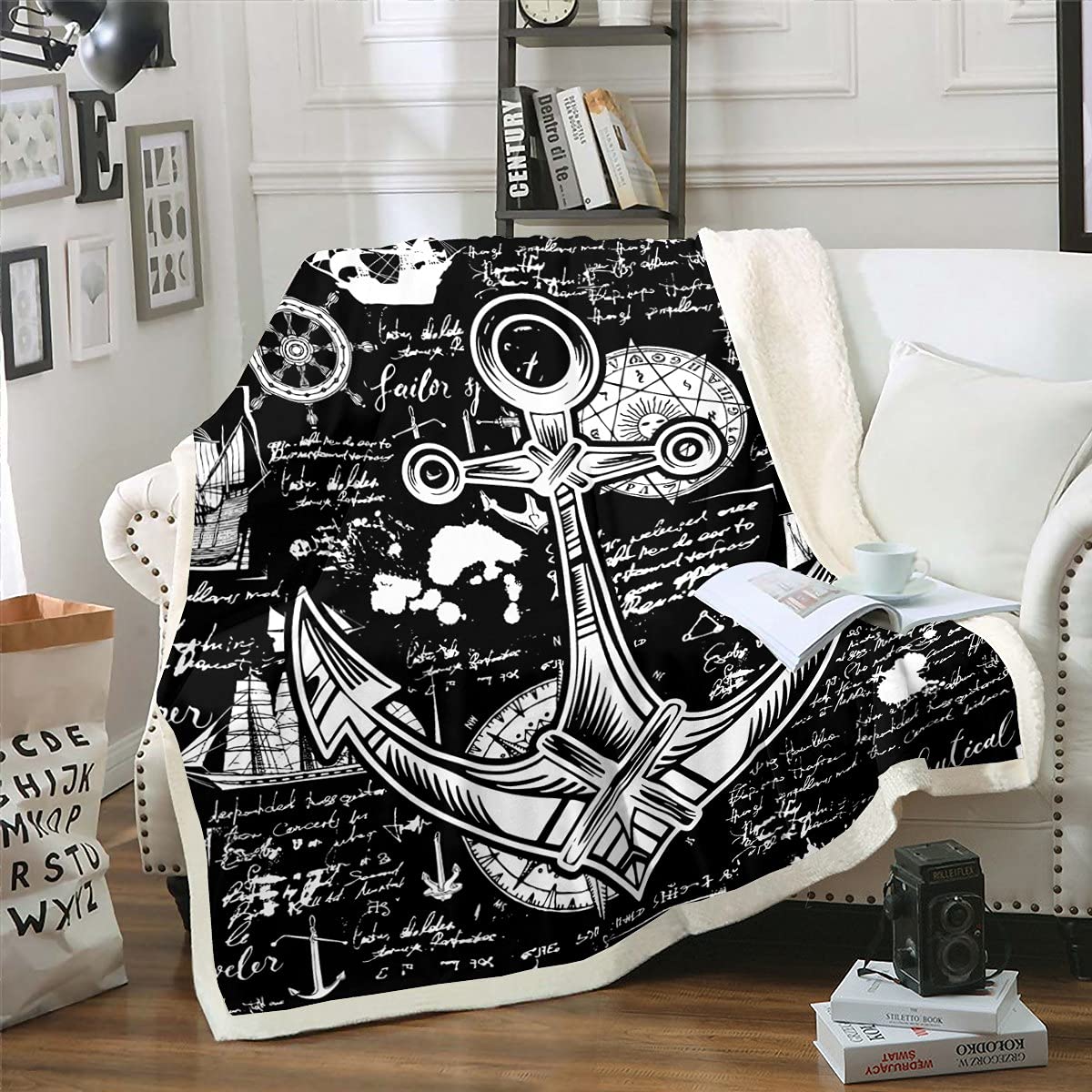 Nautical Theme Throw Blanket for Kids - White Anchor & Compass Design, 30