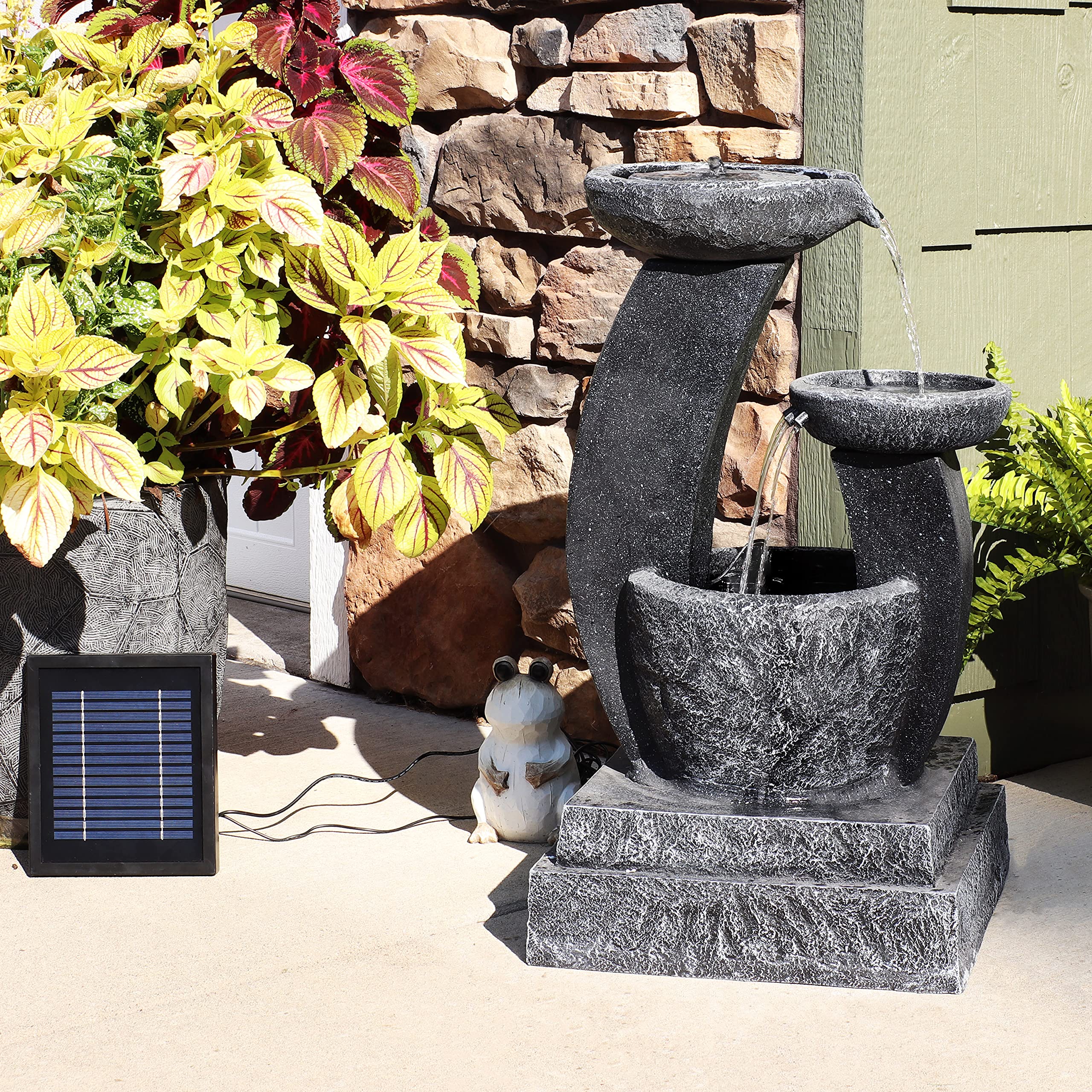 Sunnydaze 28-Inch Modern Solar Water Fountain with Cascading Bowls, Battery Backup & LED Lights - Outdoor Garden Decor, Patio, Yard Feature with Submersible Pump for Relaxing Ambience