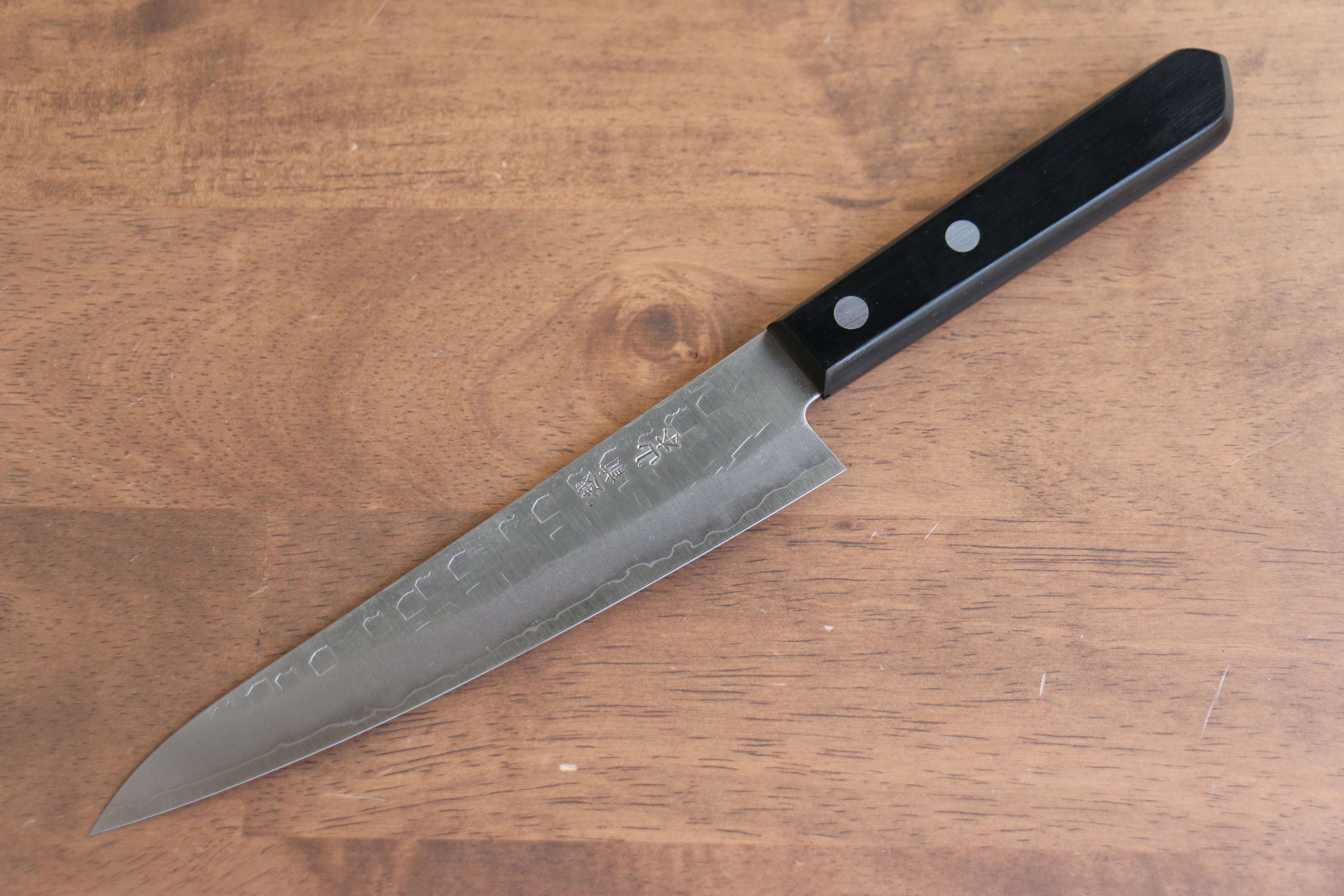 Nao Yamamoto AUS8 Hammered Petty Utility Knife 160mm - Black Pakkawood Handle Japanese Chef Knife for Slicing, Chopping & Precision Kitchen Tasks