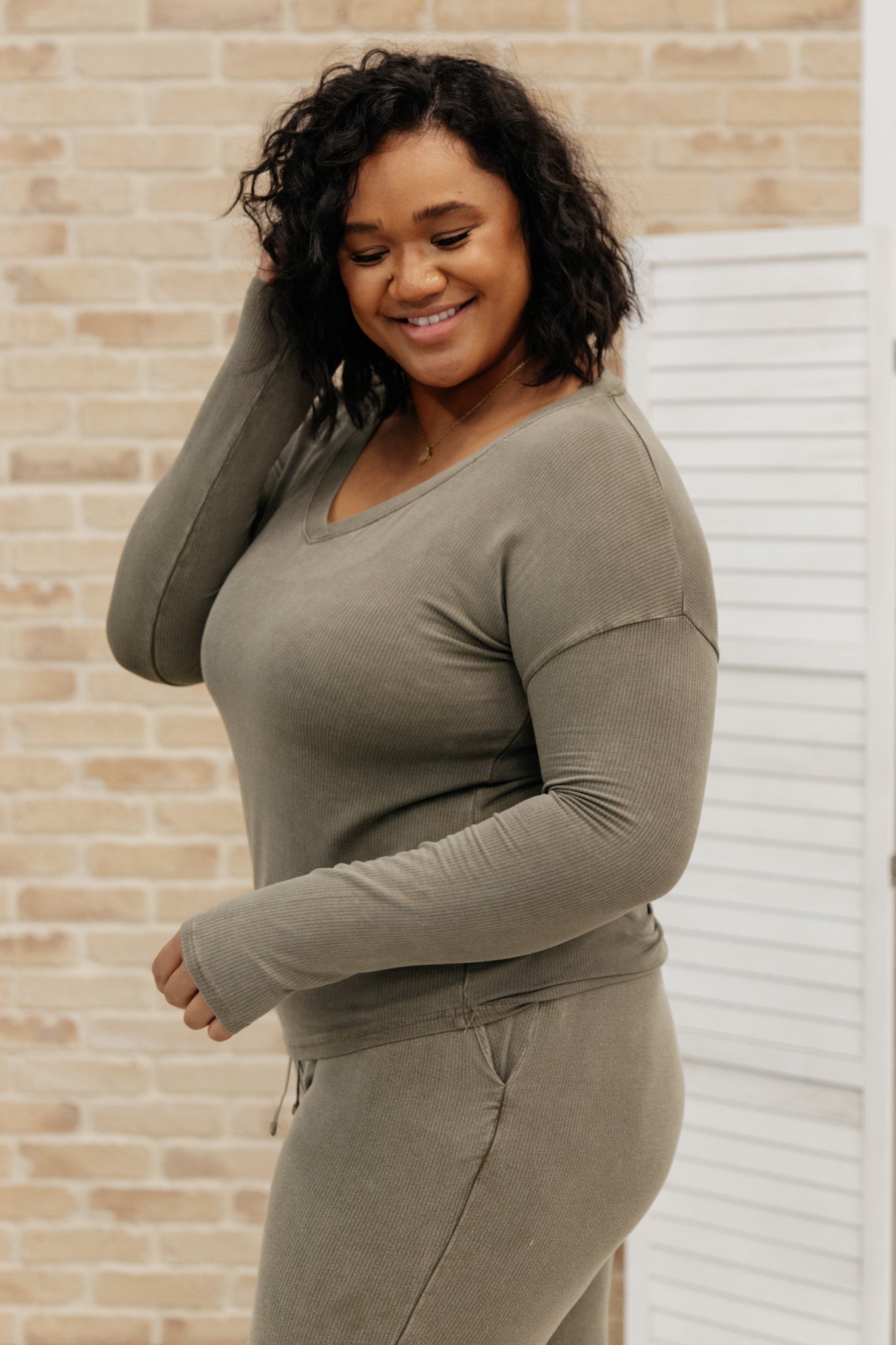 Essential Lounge Top in Mineral Wash Olive - Soft & Comfortable Women's Casual Shirt for Relaxing at Home, Yoga, or Running Errands