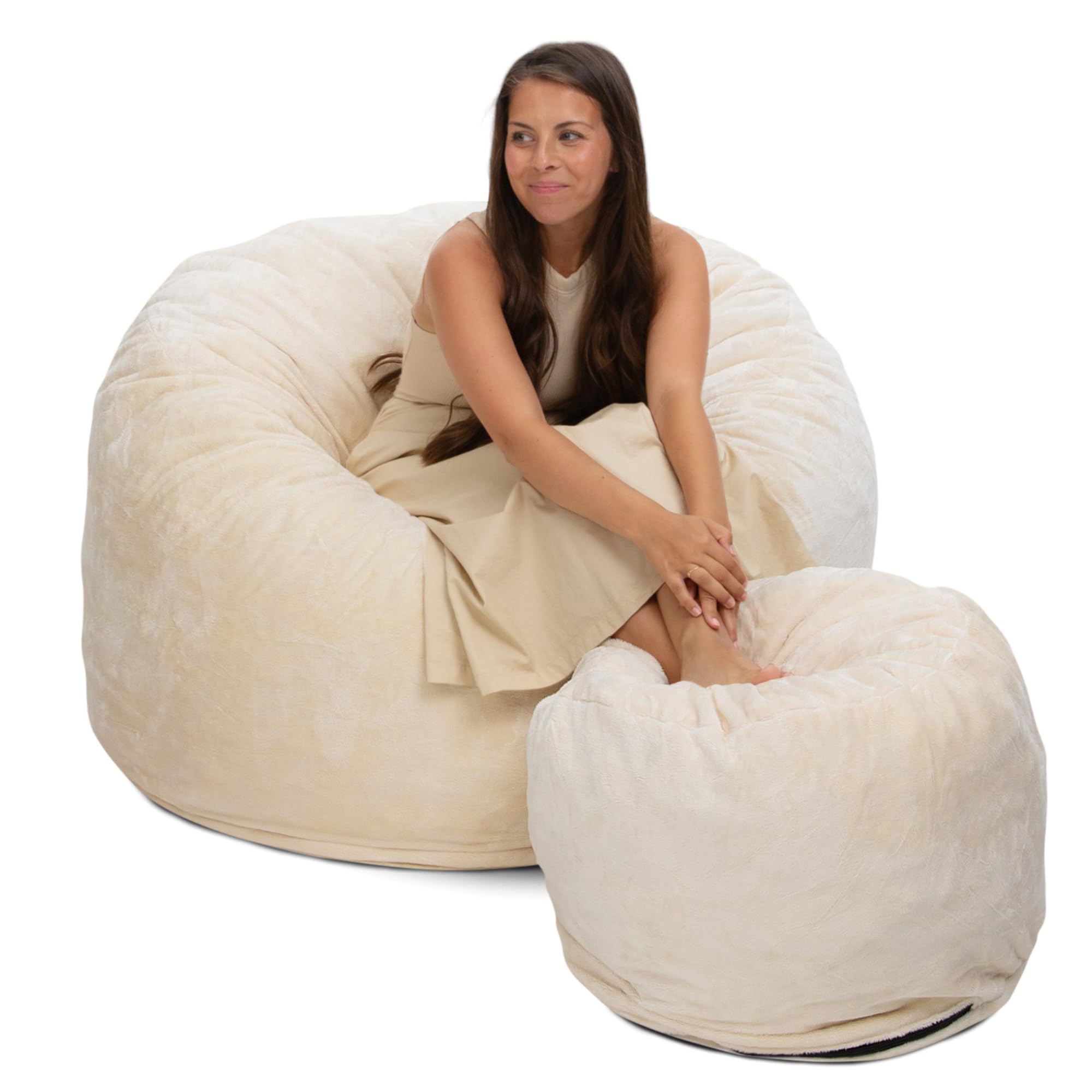 ULTIMATE SACK 4ft Oversized Bean Bag Chair with Footstool - Luxurious Memory Foam Filling for Adults, Comfy Lounge Furniture for Living Room, Bedroom & Game Room | Soft Ivory Fur Fabric - Perfect for Relaxing, Movie Nights & Gaming Sessions