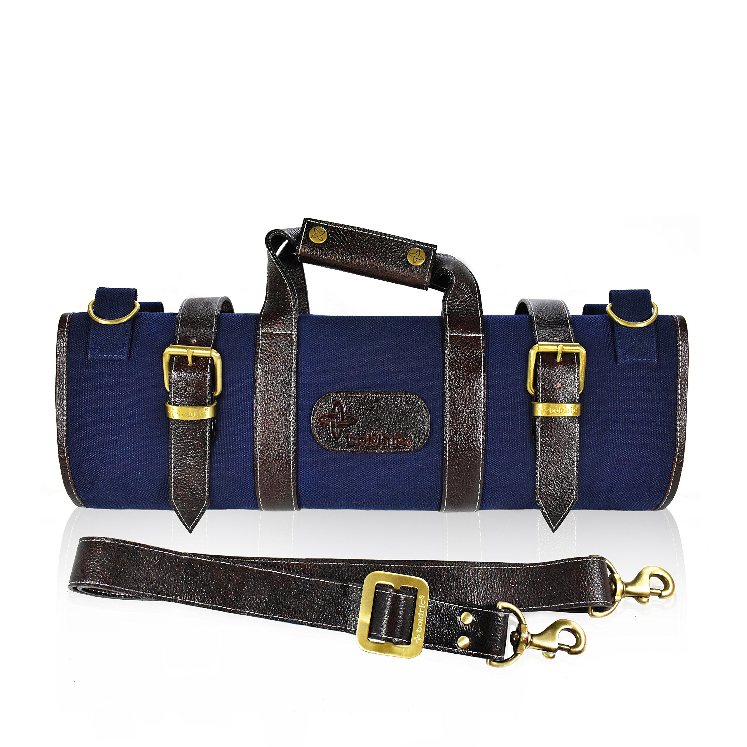 Boldric 17-Pocket Professional Chef Knife Roll Bag with Shoulder Strap - Heavy Duty Canvas Knife Case Organizer for Kitchen Tools, Utensils, Pens & Accessories (Navy) - Perfect for Chefs, Culinary Students & Traveling Cooks