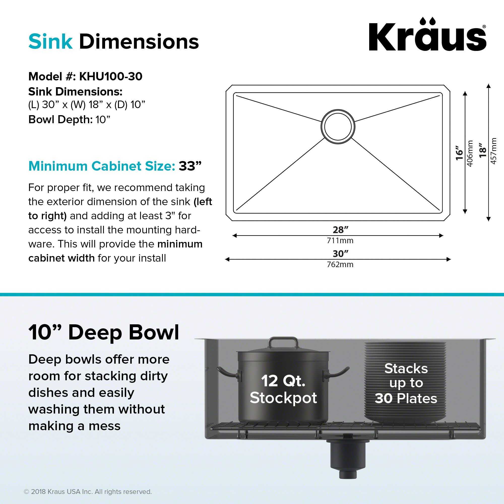 Kraus KHU100-30-100-100MB 30-inch Undermount Single Bowl Stainless Steel Kitchen Sink with WasteGuard 1 HP Garbage Disposal - Durable 16 Gauge Commercial Grade for Busy Home Kitchens & Restaurant Prep Areas