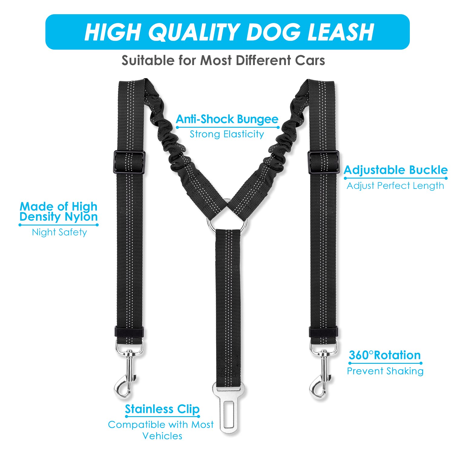 SlowTon Adjustable Double Dog Seat Belt - Y-Shape No Tangle Pet Car Harness with Elastic Bungee & Reflective Safety Leash for Vehicle Travel | Perfect for Road Trips with Two Dogs (Black, Medium)
