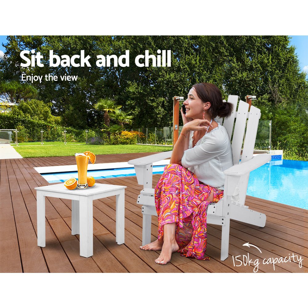 2-Piece White Adirondack Outdoor Table and Chair Set - Durable Wooden Patio Furniture for Beach, Garden, and Backyard Relaxation