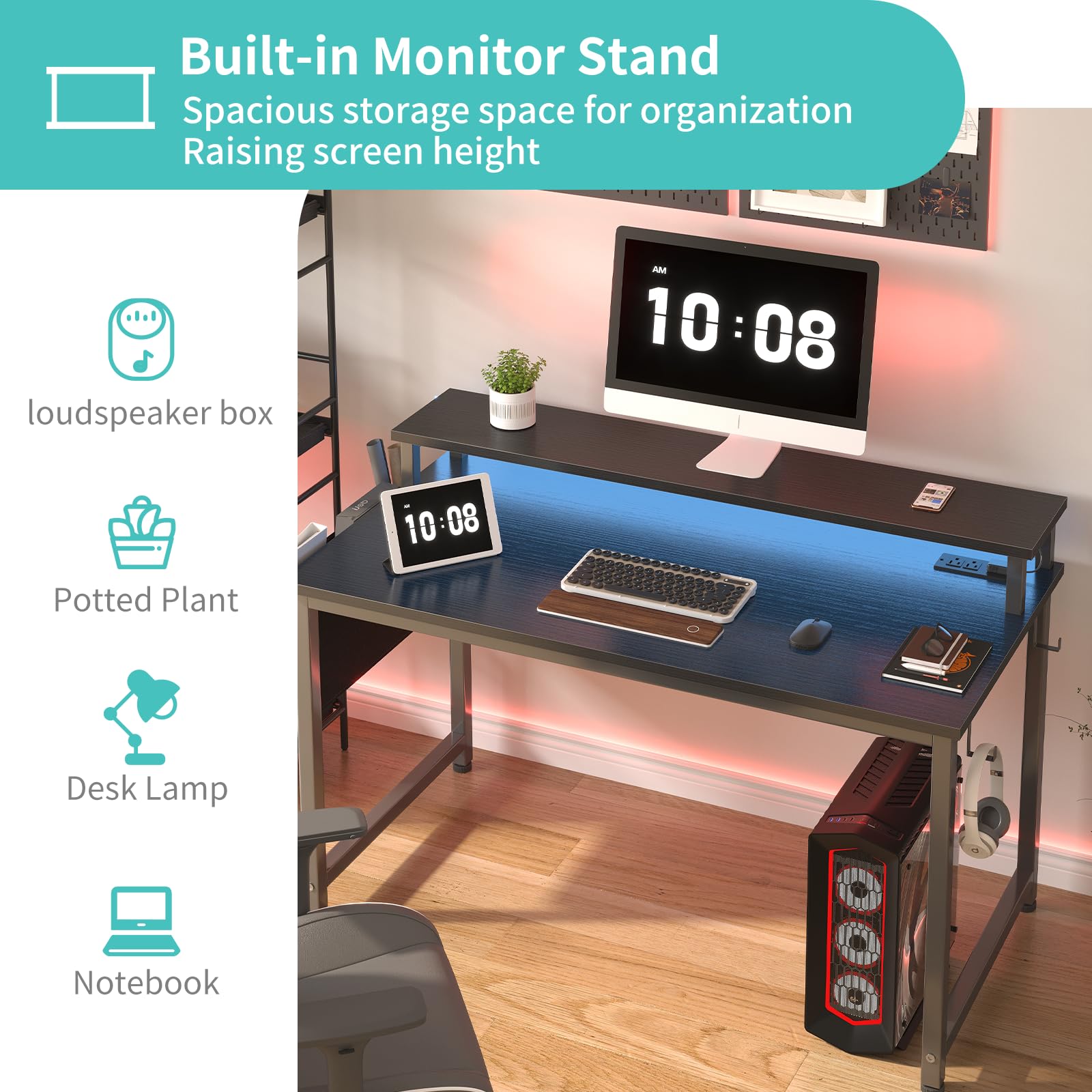 Lufeiya 40 Inch Black Gaming Desk with LED Lights, Power Outlets & USB Charging Station - Ergonomic Computer Desk with Monitor Stand for Home Office, Gaming Setup & Teen Study Room | Perfect for Streaming, Online Classes & Work from Home