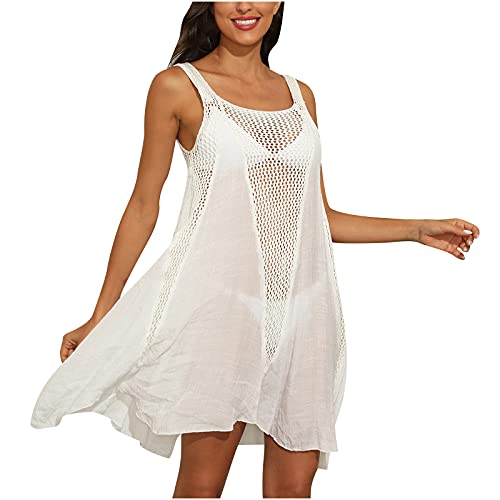 **Sexy Hollow Out Beach Dress for Women - Flowy Swing Tank Sleeveless Casual House Dress - Plus Size Irregular Summer Dress - Perfect for Vacations, Pool Parties & Date Nights**