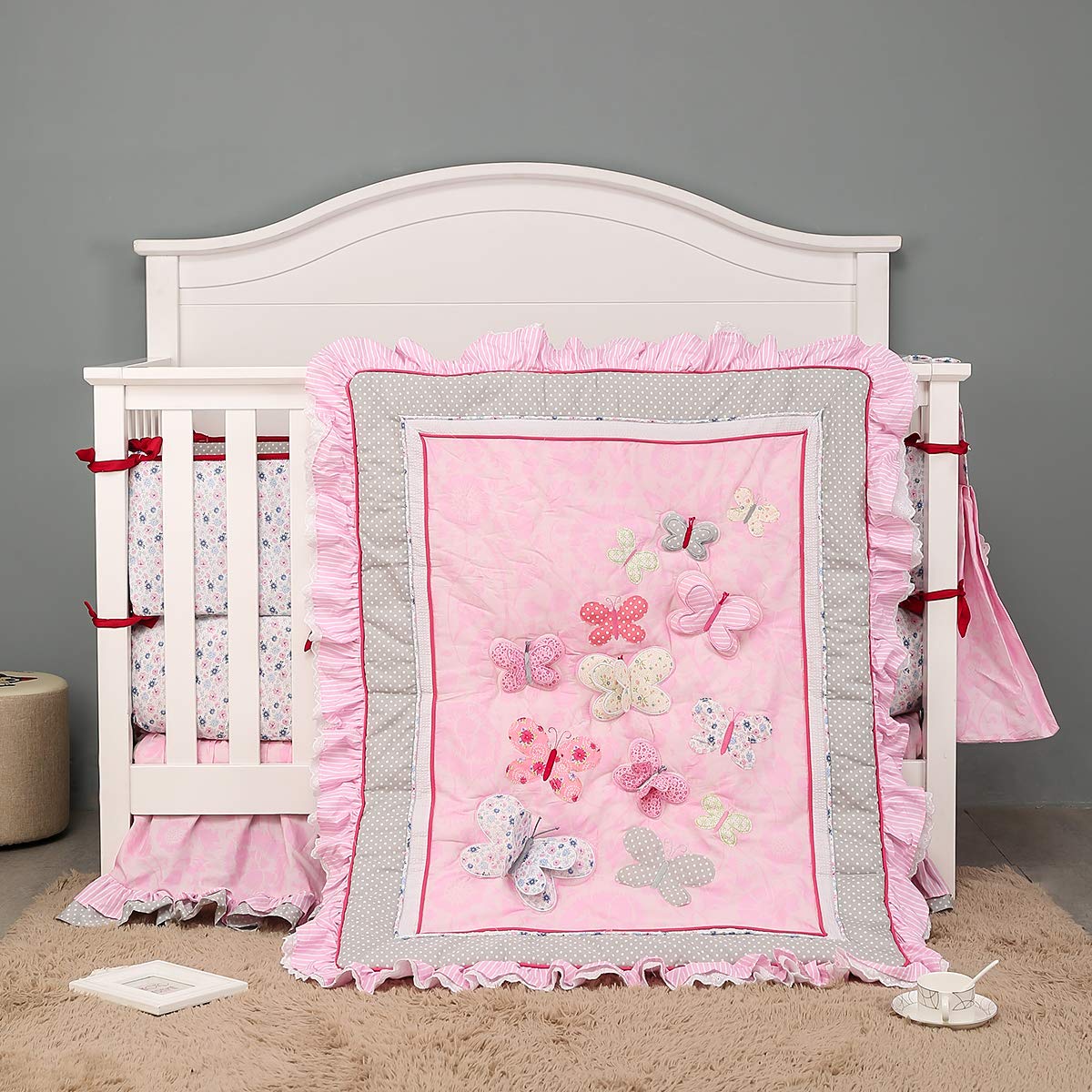 Pink Butterfly Floral Nursery Crib Bedding Set for Girls - 100% Cotton Embroidered Lace Baby Bedding Collection (8-Piece) - Perfect for Newborn Nursery Decor, Baby Shower Gifts & Toddler Room Makeover