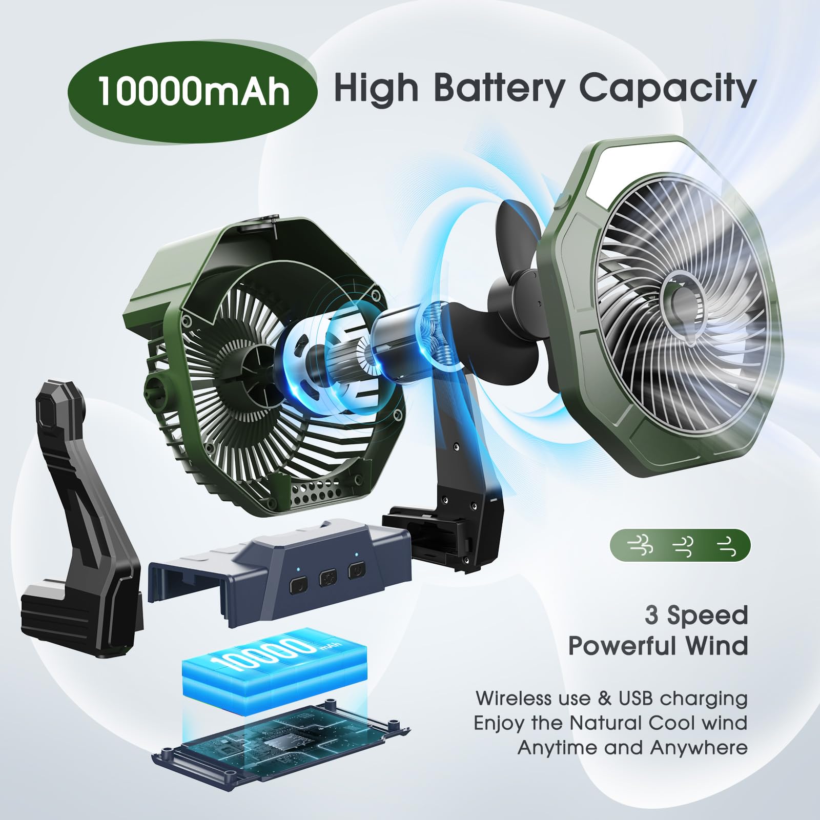 10W Solar Misting Fan with 10000mAh Battery & 250ml Water Tank - 8 Inch Portable Rechargeable Cooling Fan with Solar Panel & Hook - Perfect for Camping, Travel, Patios, Garages & Outdoor Tents