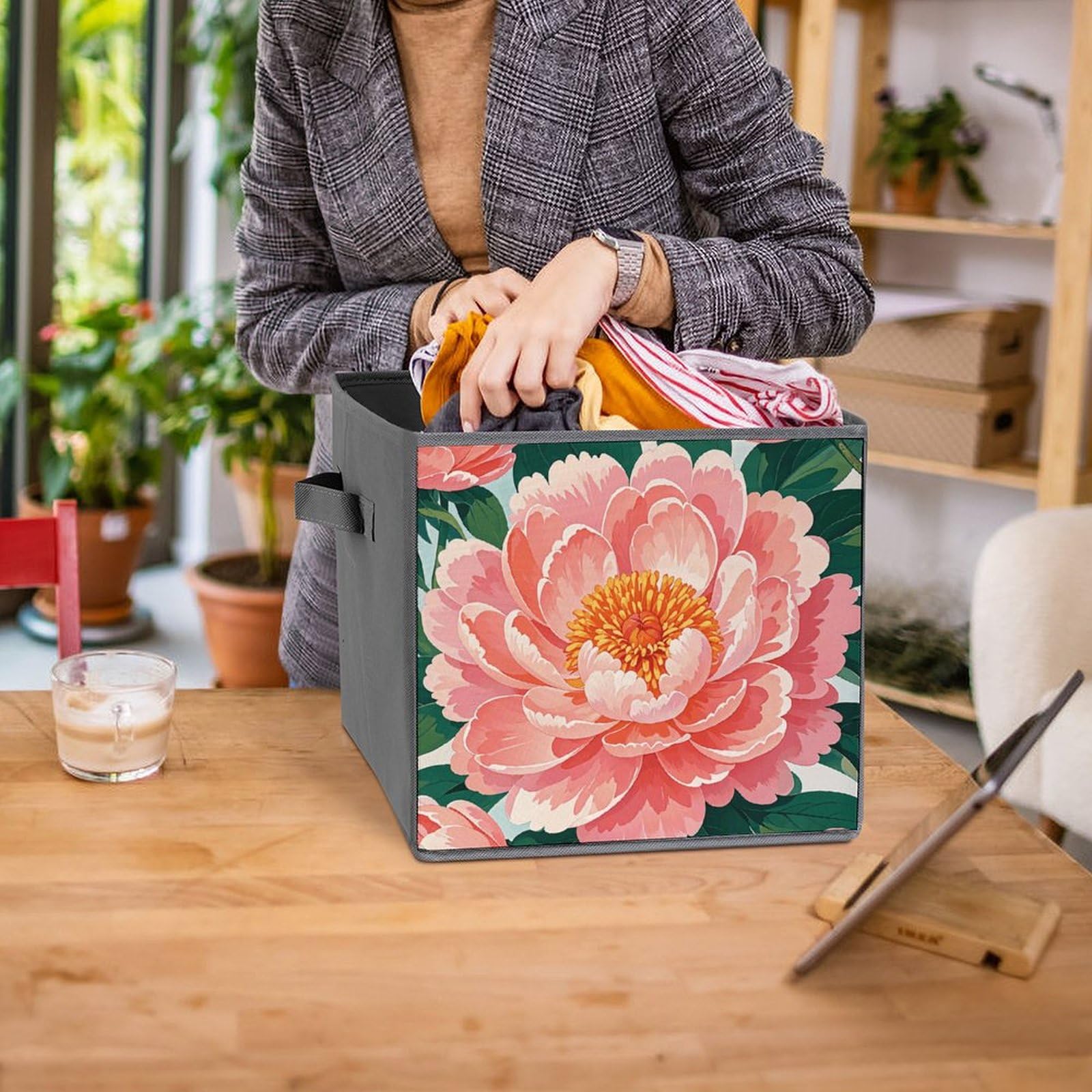 2PCS Collapsible Storage Bins with Handles - Peach Peony Print for Shelves & Home Organization