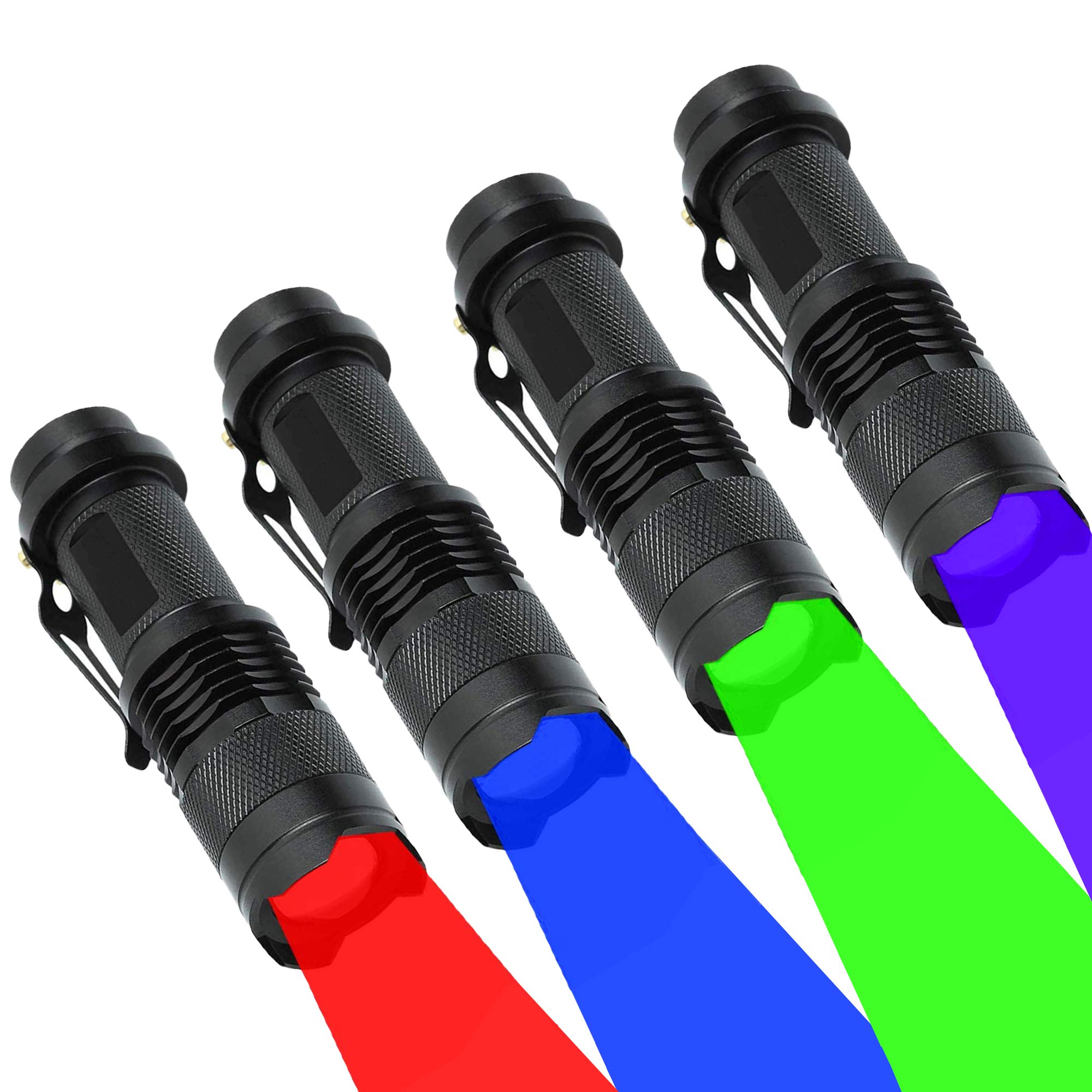 4-Pack Multi-Color LED Flashlight Set for Hunting, Night Vision & Fishing - Includes Red, Green, Blue & Blacklight Flashlights - Perfect for Outdoor Adventures, Camping & Emergency Situations