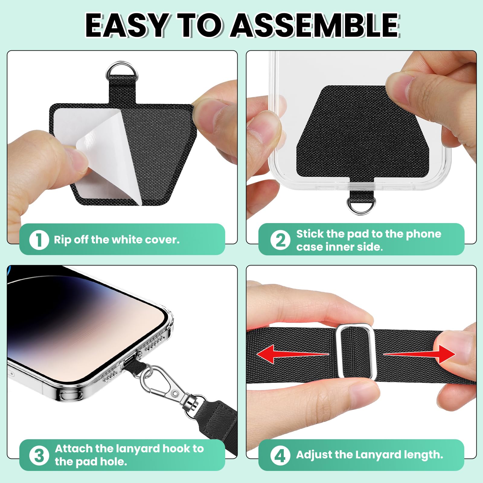 Adjustable Phone Lanyard Neck & Wrist Strap with 4 Patches - for Smartphones (Black) - Perfect for Work & Travel