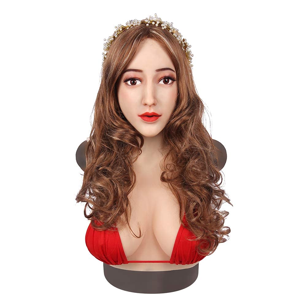 Premium Silicone Female Mask with D Cup Breast - Realistic Cosplay & Crossdressing Headwear (Light Beige) - Perfect for Halloween, Parties, and Role-Playing