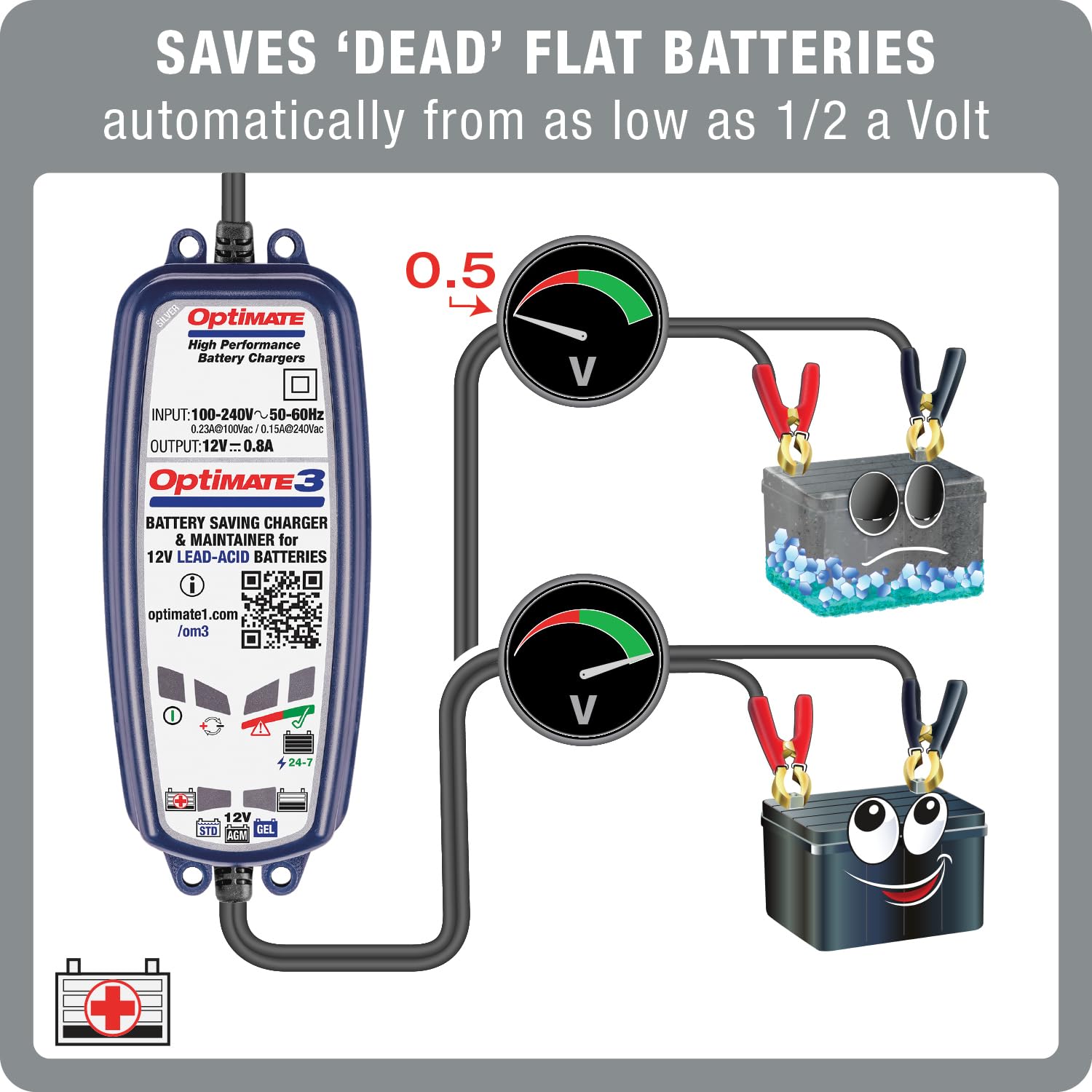 OptiMate3 0.8A Smart Battery Charger for 12V Lead-Acid Motorcycle & Powersport Batteries - Maintainer & Desulfator for ATV, Dirt Bike, Jet Ski & Snowmobile Storage