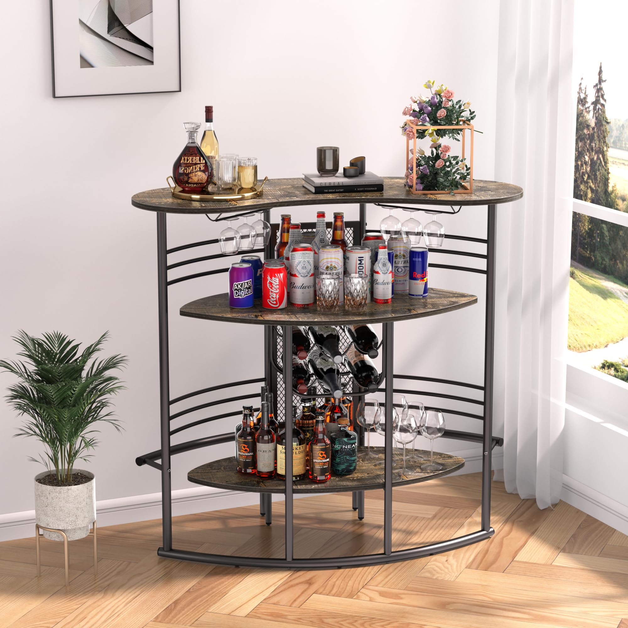 VECELO 3-Tier Industrial Home Bar Cabinet with Storage Shelves & Wine Glass Holder - Oak Finish Mini Coffee Bar Table for Kitchen, Living Room, Pub | Perfect for Entertaining, Small Space Storage & Home Decor