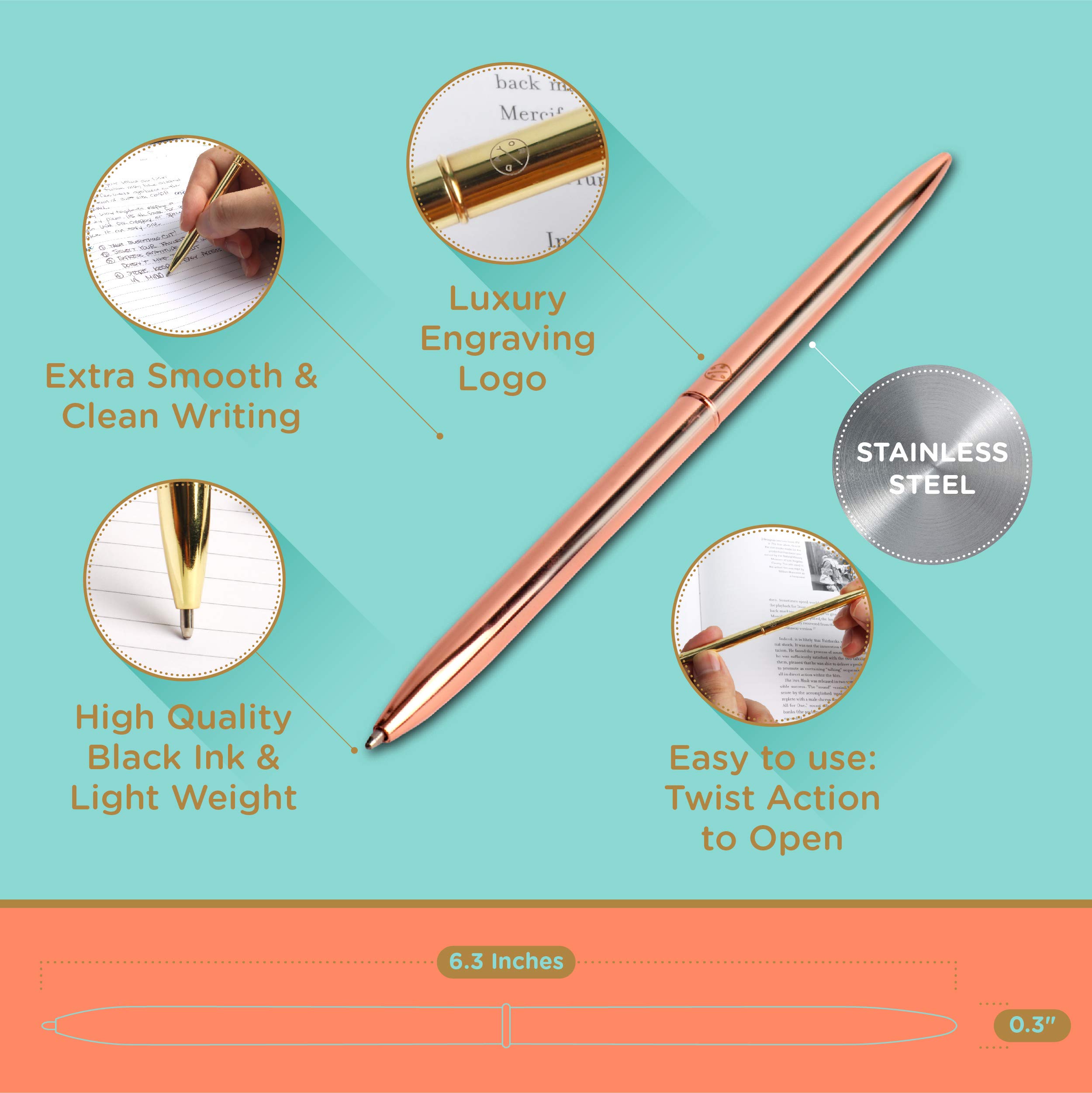 Oriday Chrome Ballpoint Slim Pens Set of 4 - Premium Lightweight Metal Ballpoint Pens with Black Ink in Elegant Gift Box | Perfect for Weddings, Bridal Showers, Graduation Gifts & Office Use (Rose Gold, Black Ink)