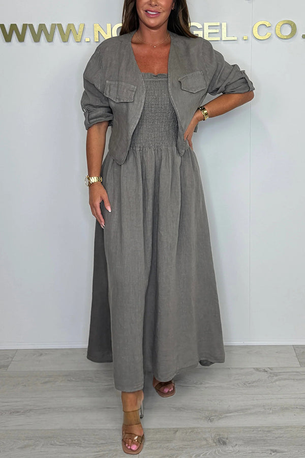 Stylish Solid Color Casual Short Jacket with Suspenders & Pleated Maxi Dress Set for Women | Perfect for Spring Outfits, Date Nights & Office Wear