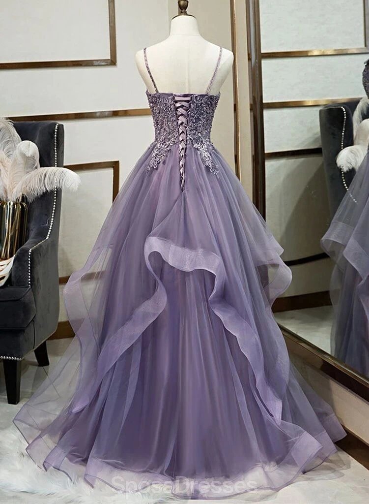 Elegant Grey Purple Ruffled Lace Beaded Long Evening Prom Dress for Women - Perfect for Formal Parties, Homecoming, and Special Occasions