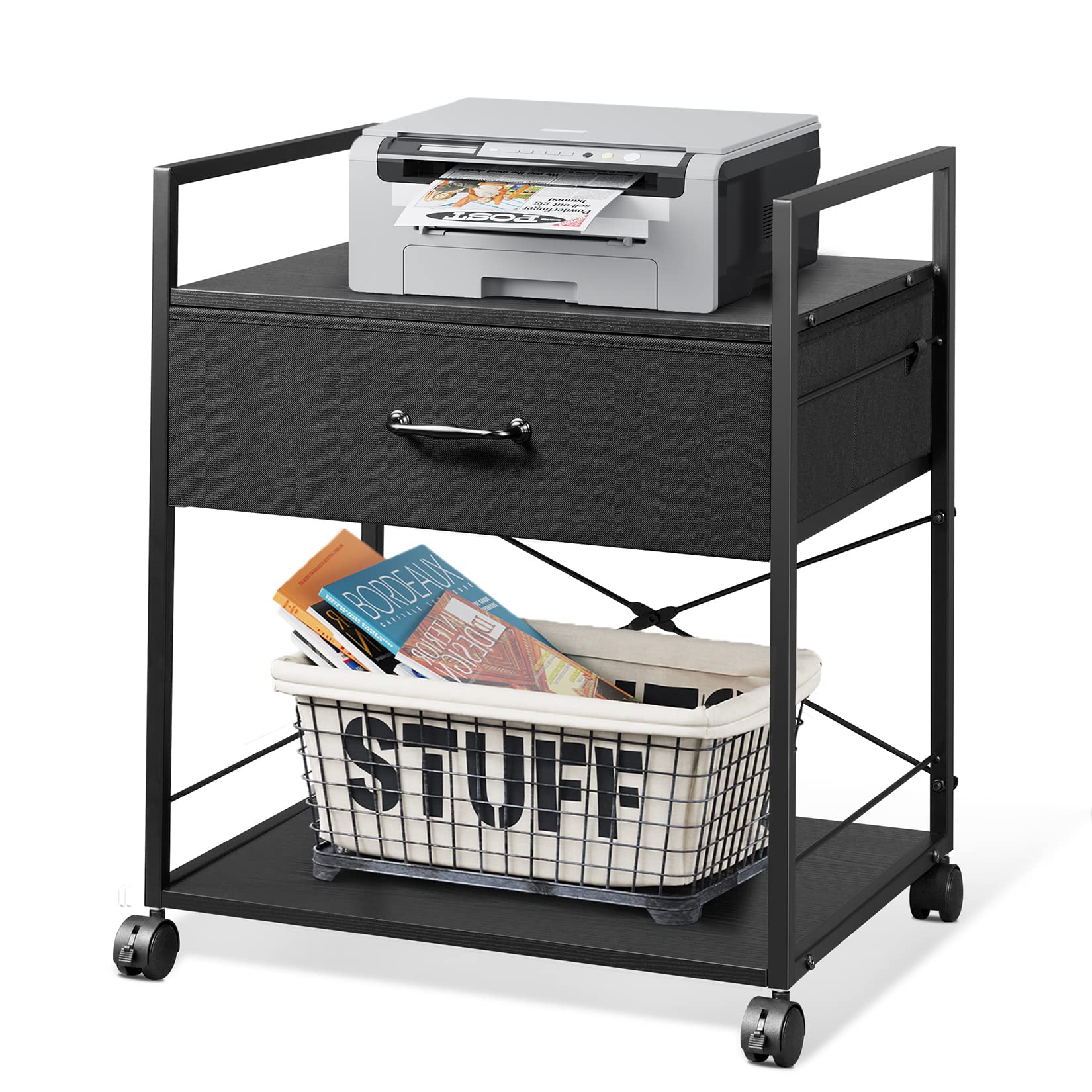 Vintage Black Mobile Printer Stand with Storage Drawer - Multifunctional Metal File Cabinet & Organizer Cart with Locking Wheels | Perfect for Home Office, Classroom & Small Business Workspaces