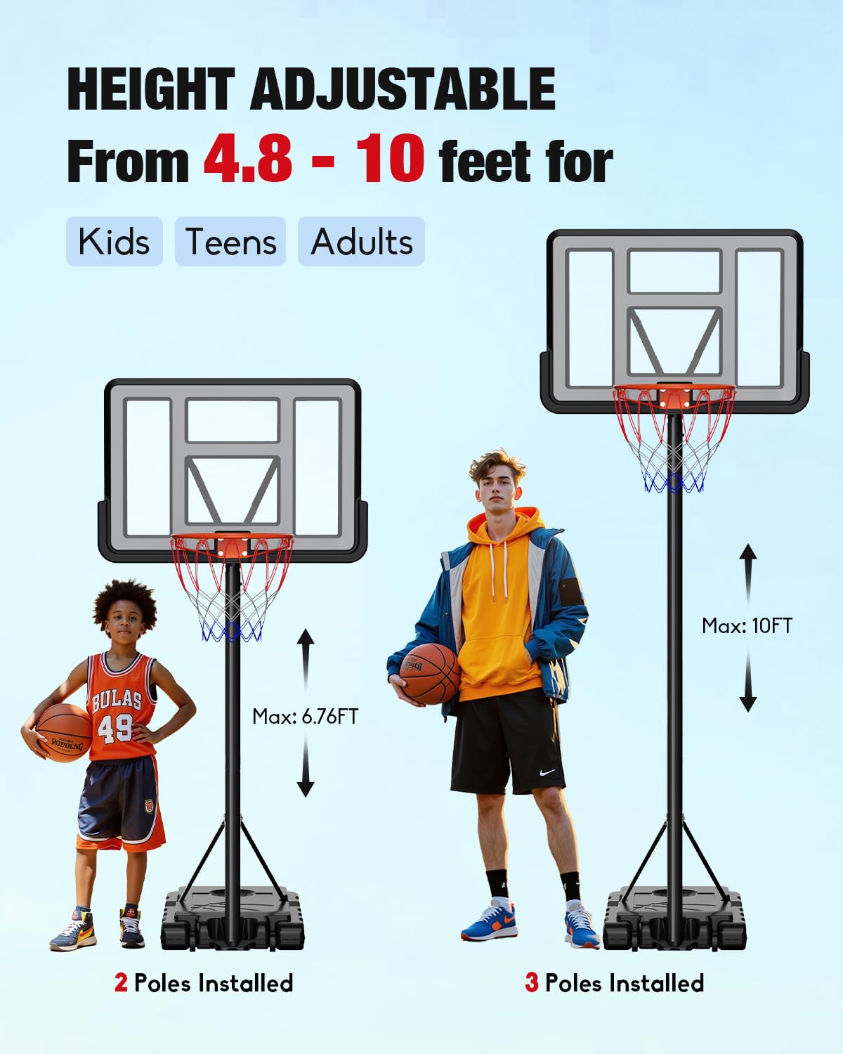 Adjustable Portable Outdoor Basketball Hoop 4.8-10ft - Professional Basketball Goal System for Kids, Teens & Adults - 44 Inch Shatterproof Backboard with Stable Base - Perfect for Backyard, Driveway, Indoor & Outdoor Play