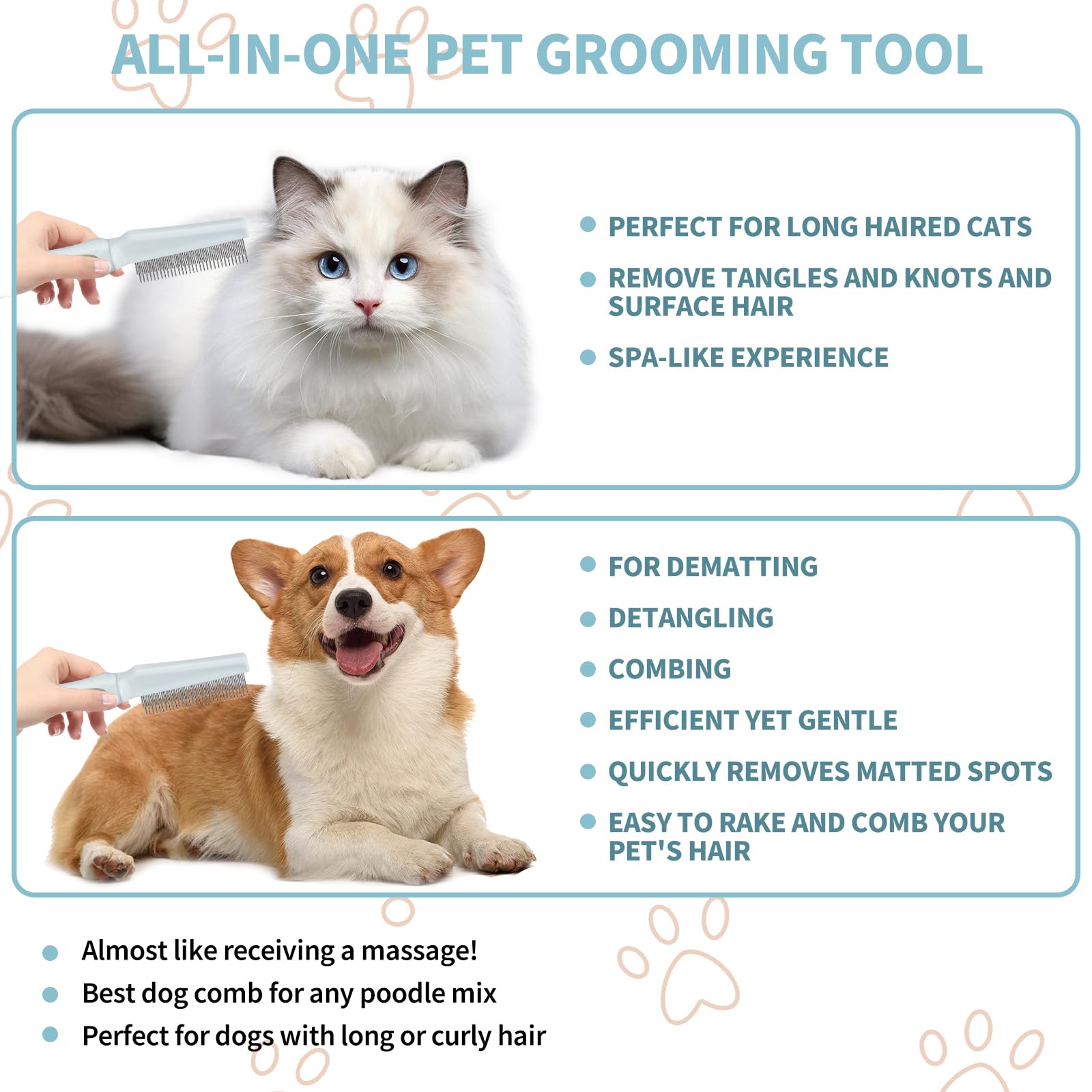 Premium Ropo Pet Grooming Comb for Dogs & Cats - 2-in-1 Stainless Steel Flea Comb with Long & Short Teeth for Detangling Knots & Removing Tangles - Gentle Long Handle Brush for Daily Pet Care & Coat Maintenance