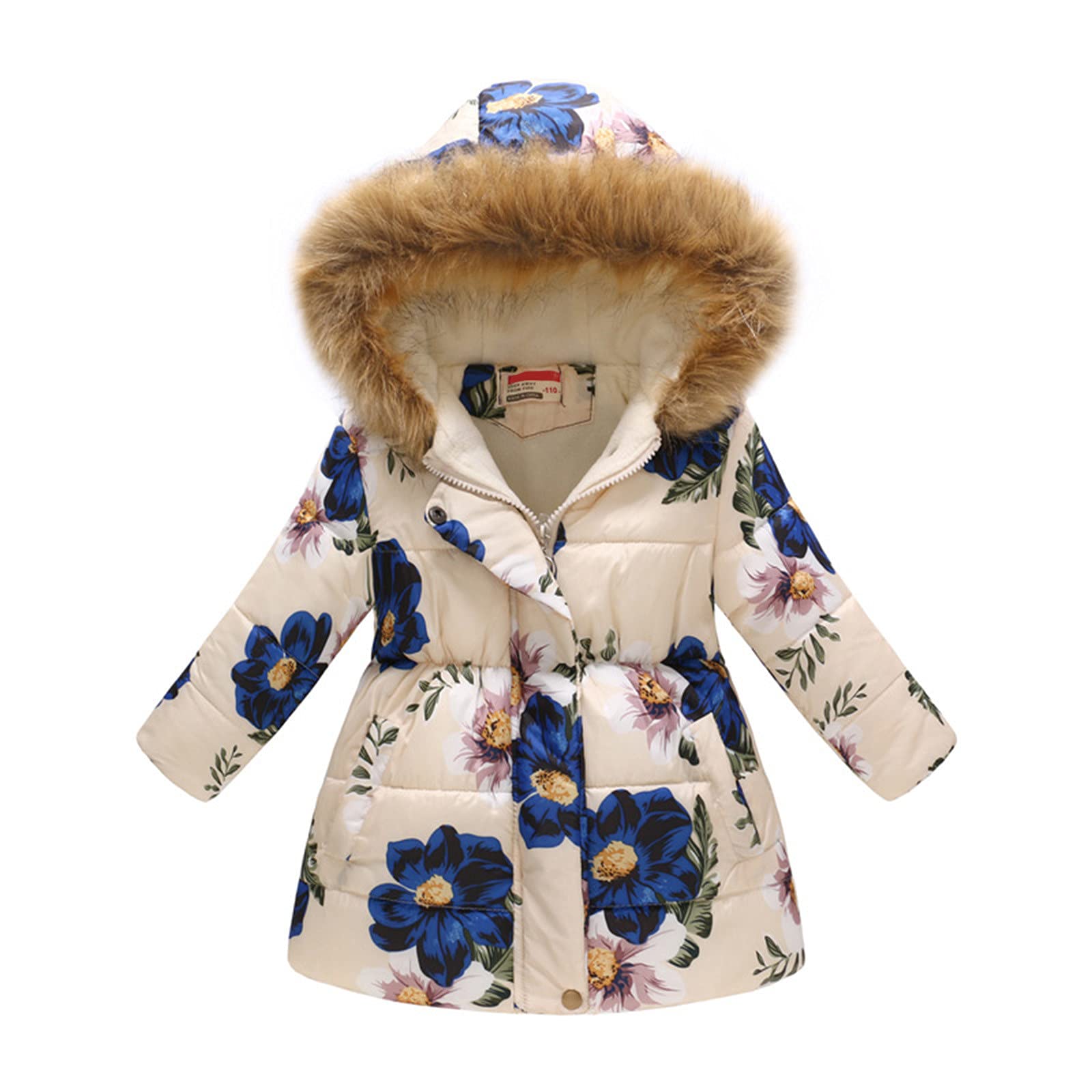 GXLONG Kids Baby Girls Winter Hooded Snowsuit Coat - Floral Print Fuzzy Warm Windproof Jacket with Pockets | Outerwear for Snow Play, Sledding & Cold Weather Protection