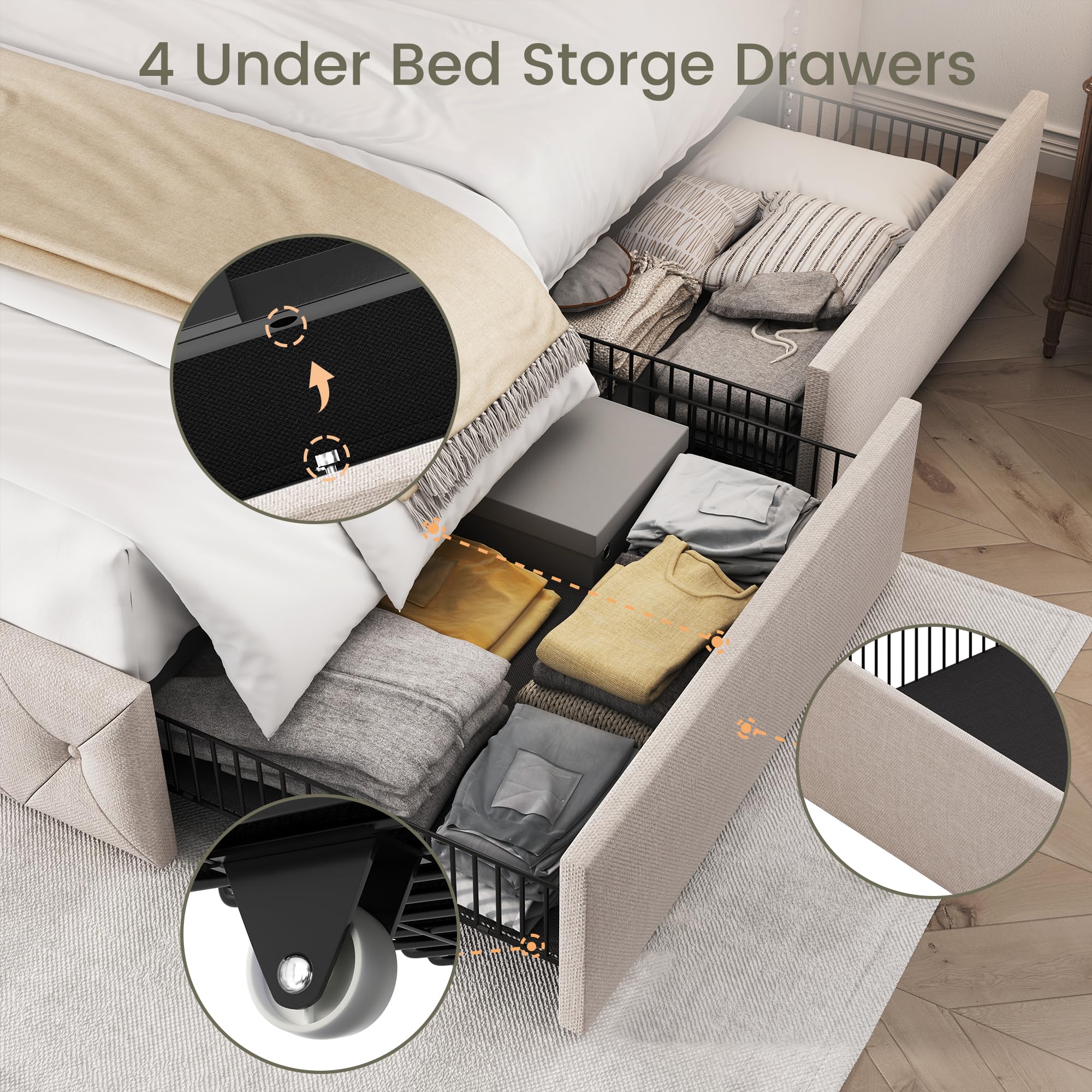 King Size Bed Frame with 4 Storage Drawers & Tufted Headboard - Linen Upholstered Platform Bed with Wooden Slats Support - Easy Assembly Wingback Bed in Beige - Perfect for Master Bedroom, Guest Room & Small Space Storage Solutions