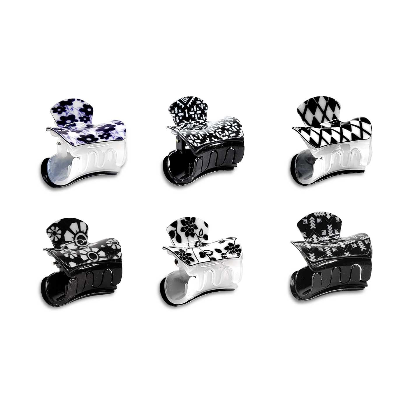 Adhvik Glossy Small Printed Hair Claw Clips for Women - 6 Pack Black Hair Clips for Effortless Everyday Styling - Perfect for Ponytails, Buns & Updos