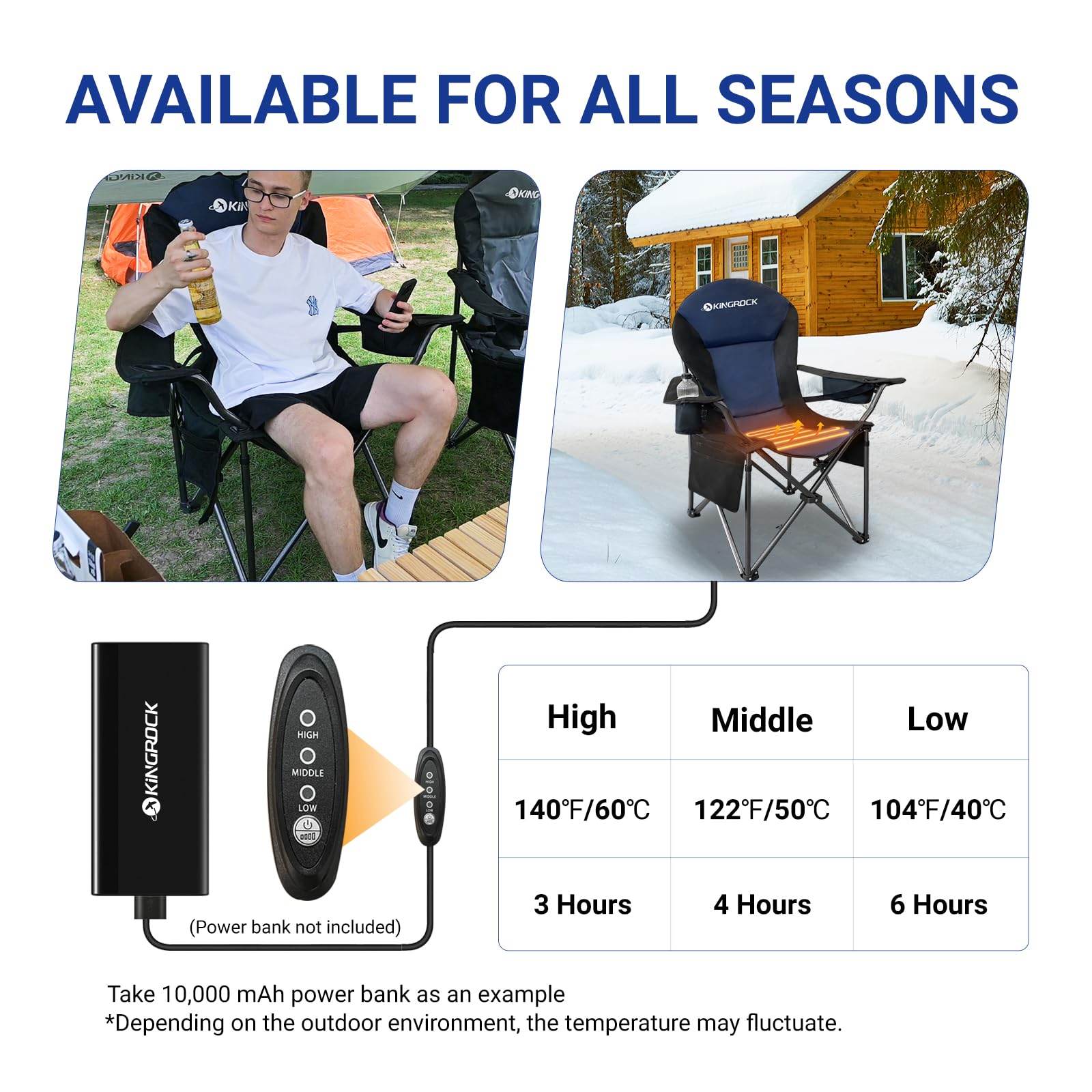 KINGROCK Oversized Heavy Duty Camping Chair with Lumbar Support - Portable Folding Chair with Padded Armrests, Built-in Cooler Bag & Cup Holder - Perfect for Outdoor Camping, Beach, Picnics, Backyard & Tailgating